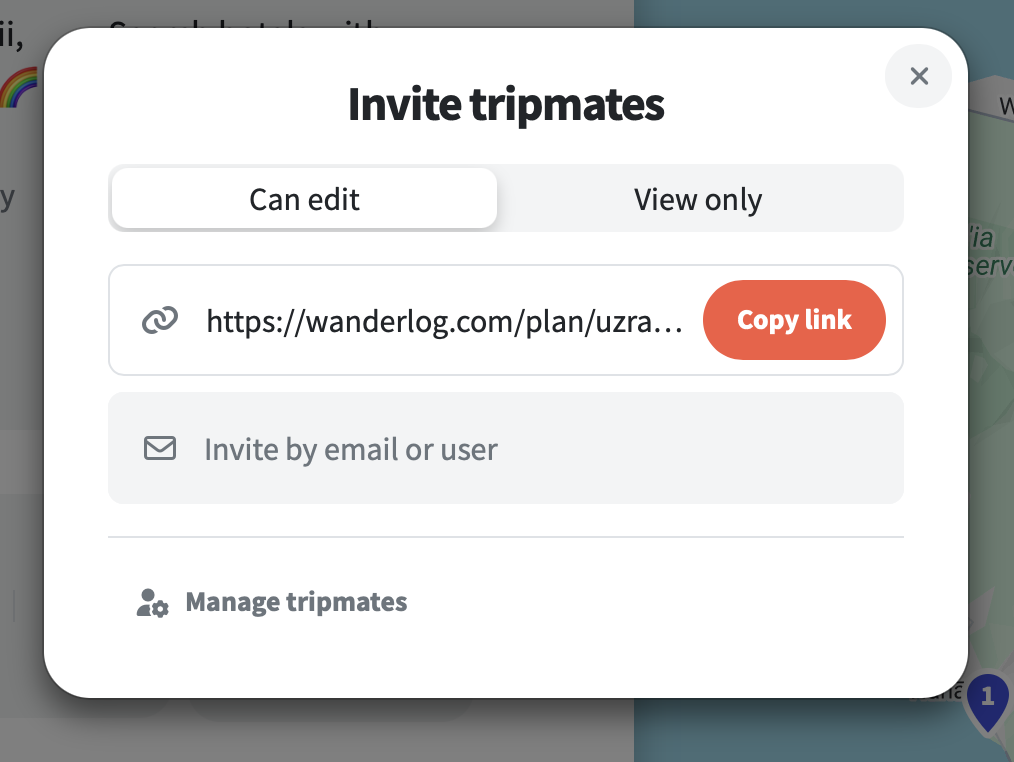 Screenshot of sharing modal in Wanderlog