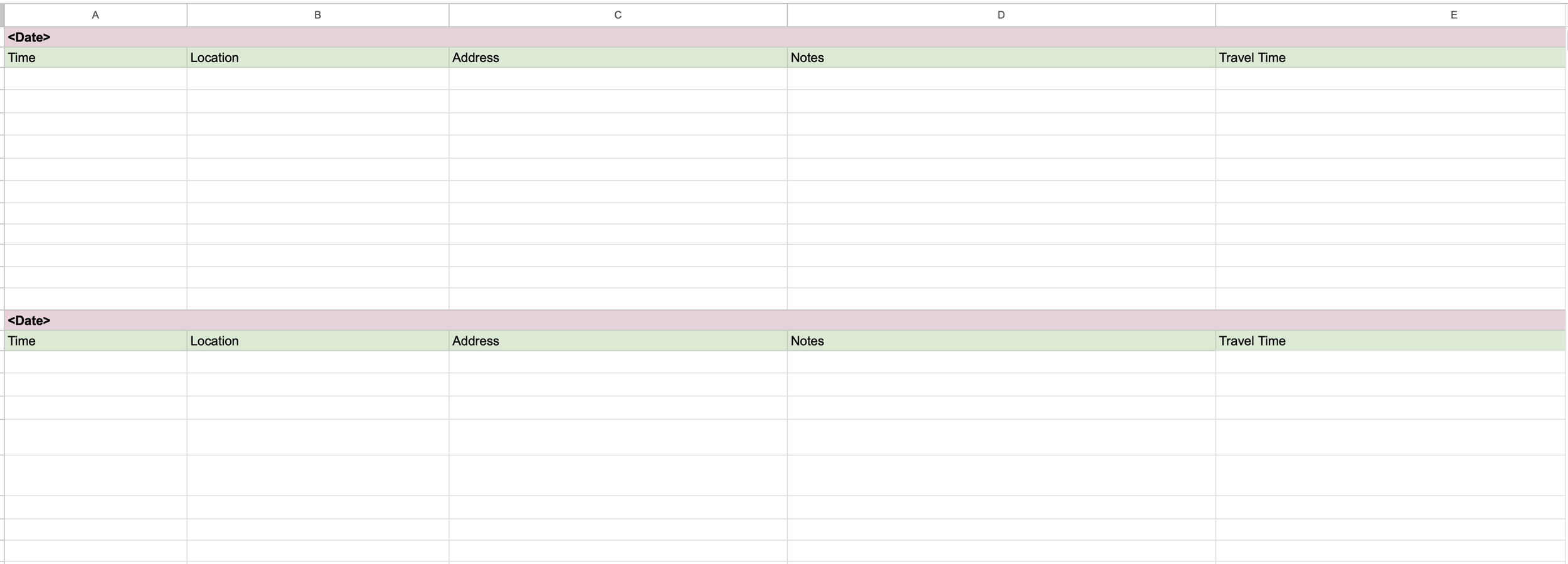 Screenshot of the Itinerary Tab of my Trip Google Sheet
