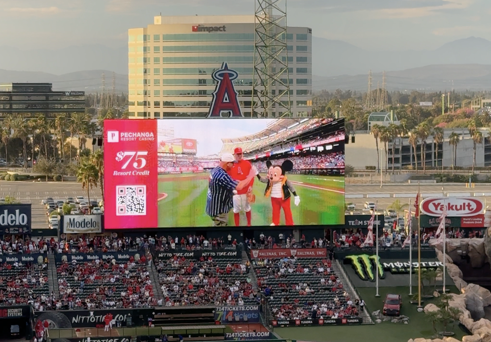 Mickey at the ceremonial first pitch at Angels Stadium on D23 Night