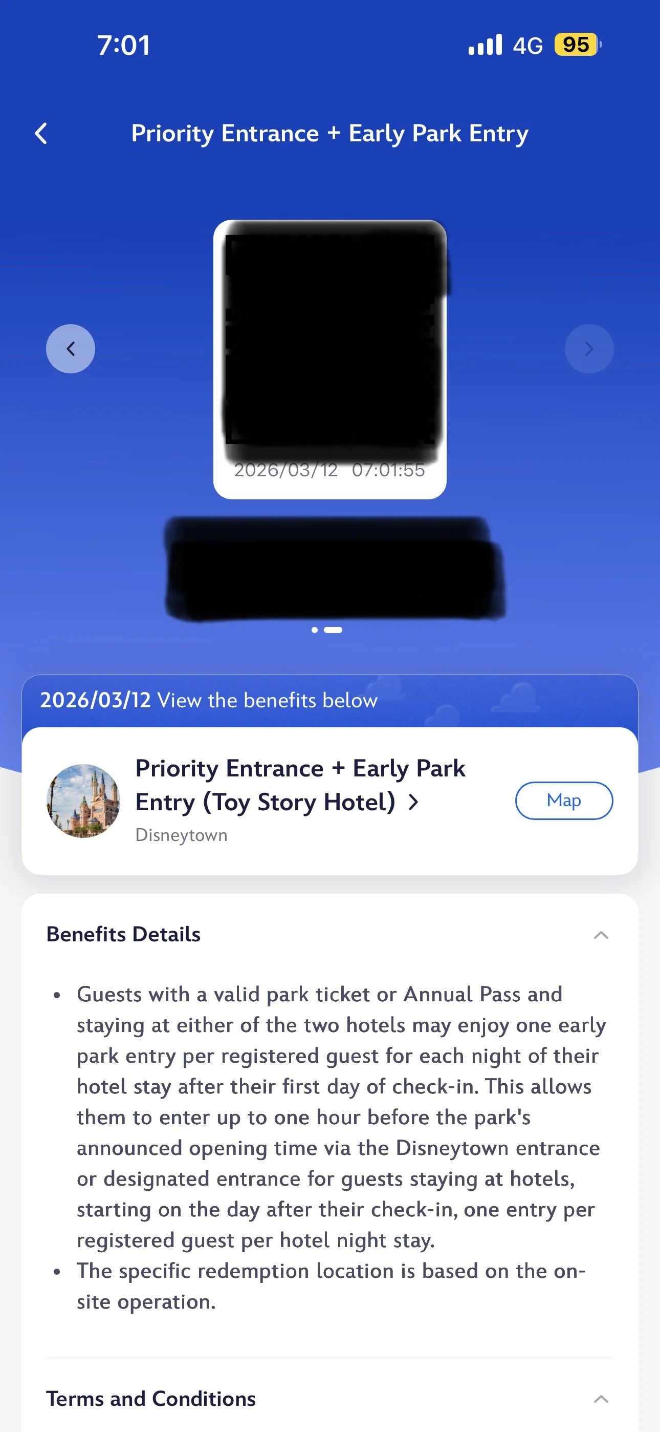 Screenshot of priority entrance & early park entry QR code that you receive after checking in