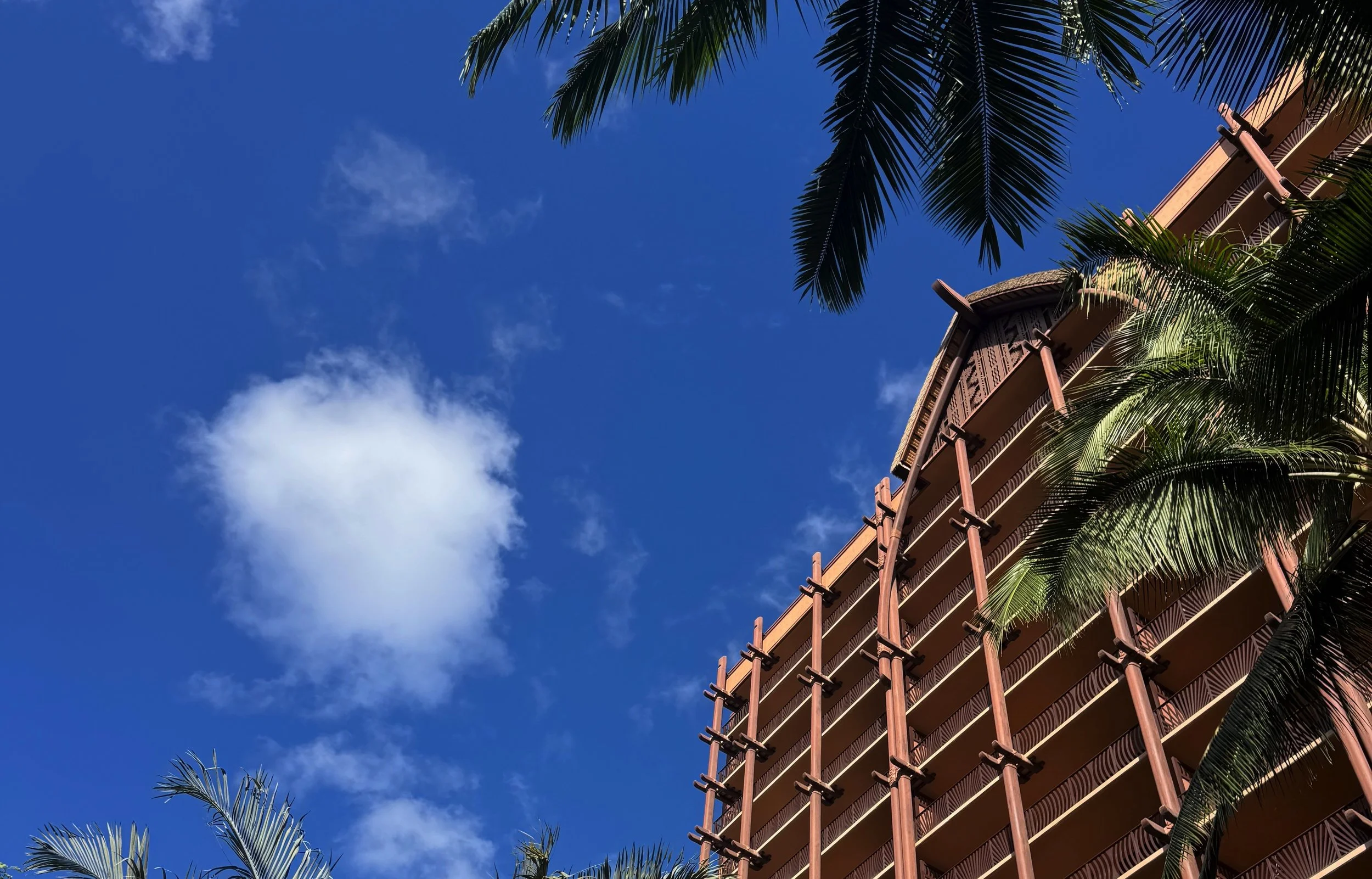 Image of Aulani building against a blue sky with palm tree leaves peeking from the sides
