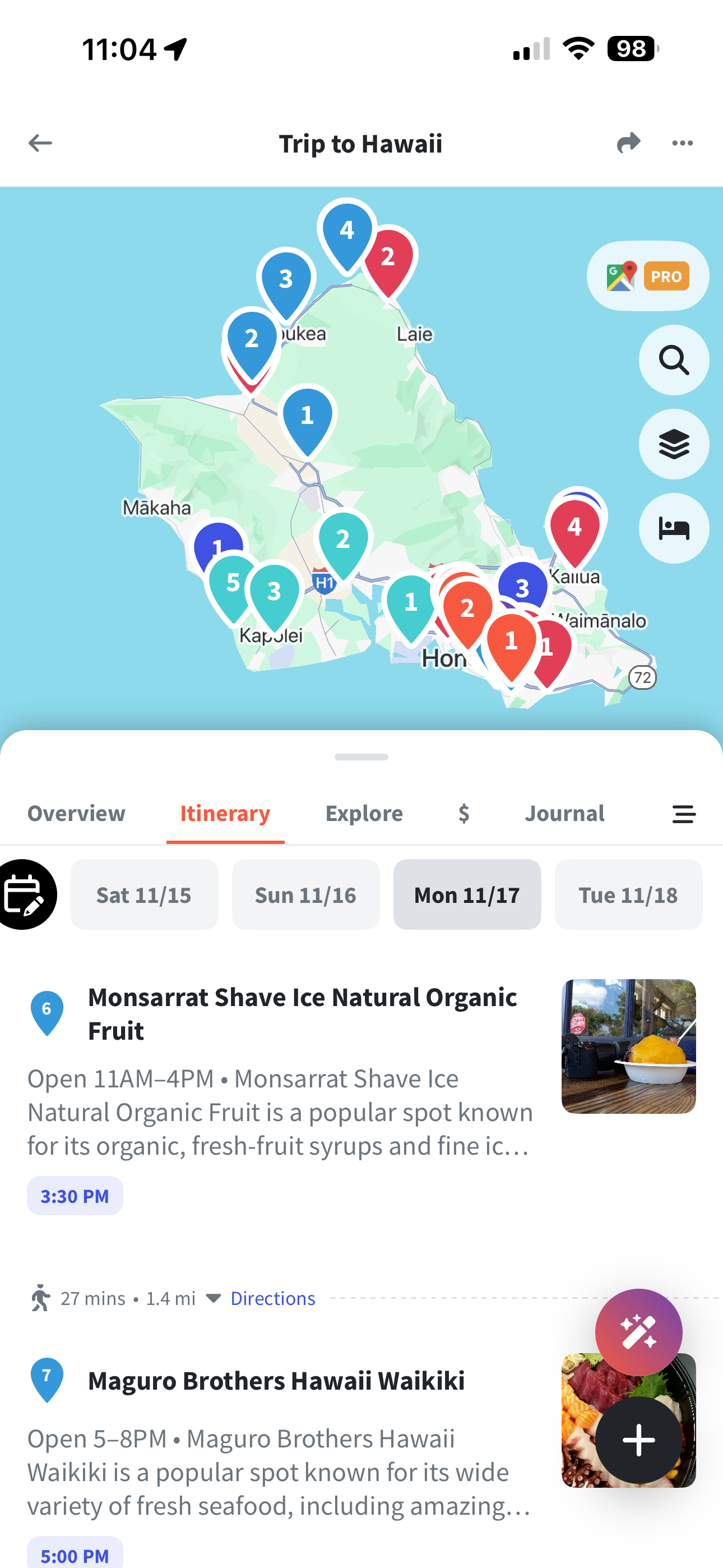 Screenshot of the Wanderlog App mobile experience with the map at the top and the text details at the bottom