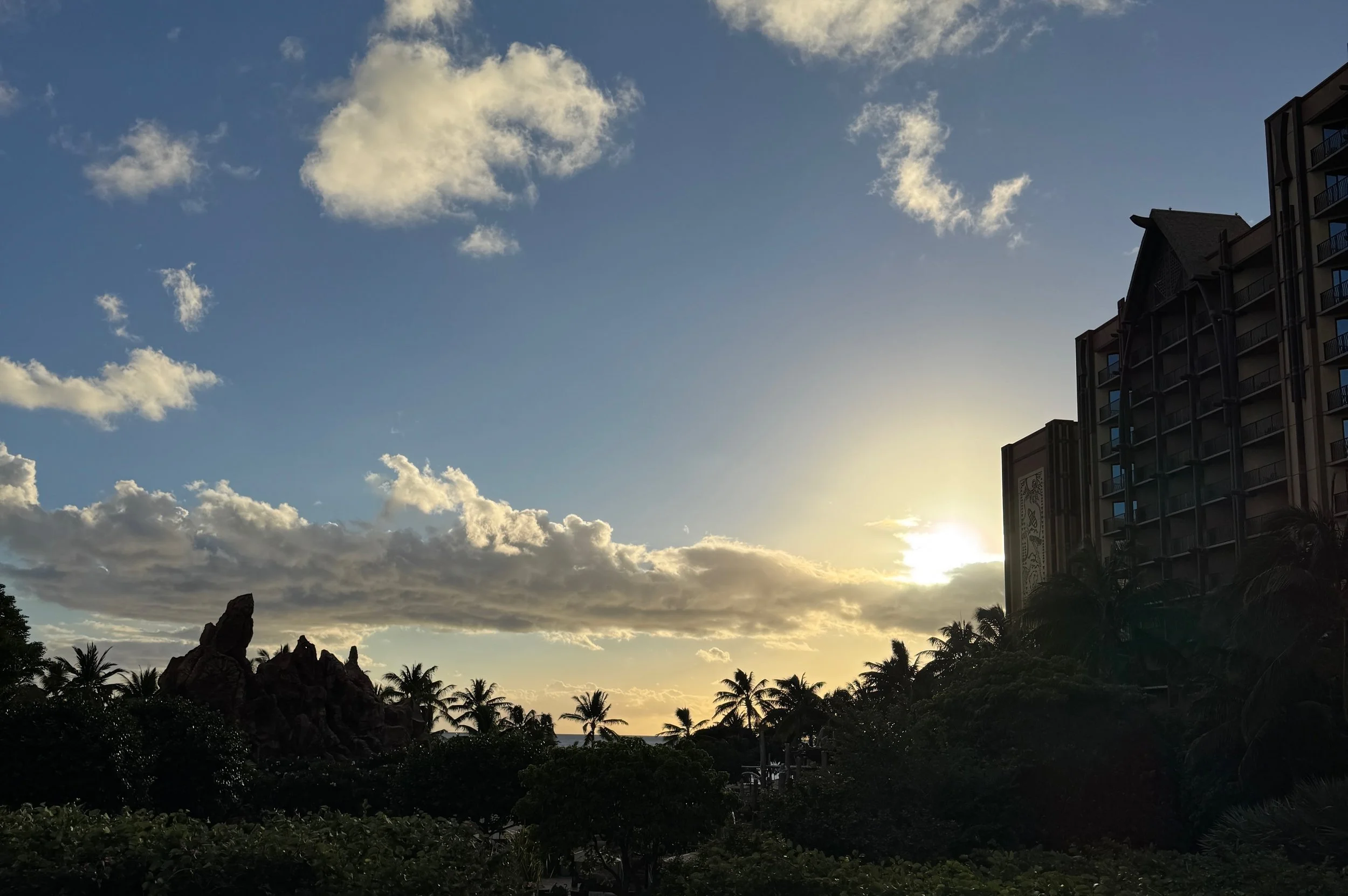 view of Aulani property from the balcony at sunset