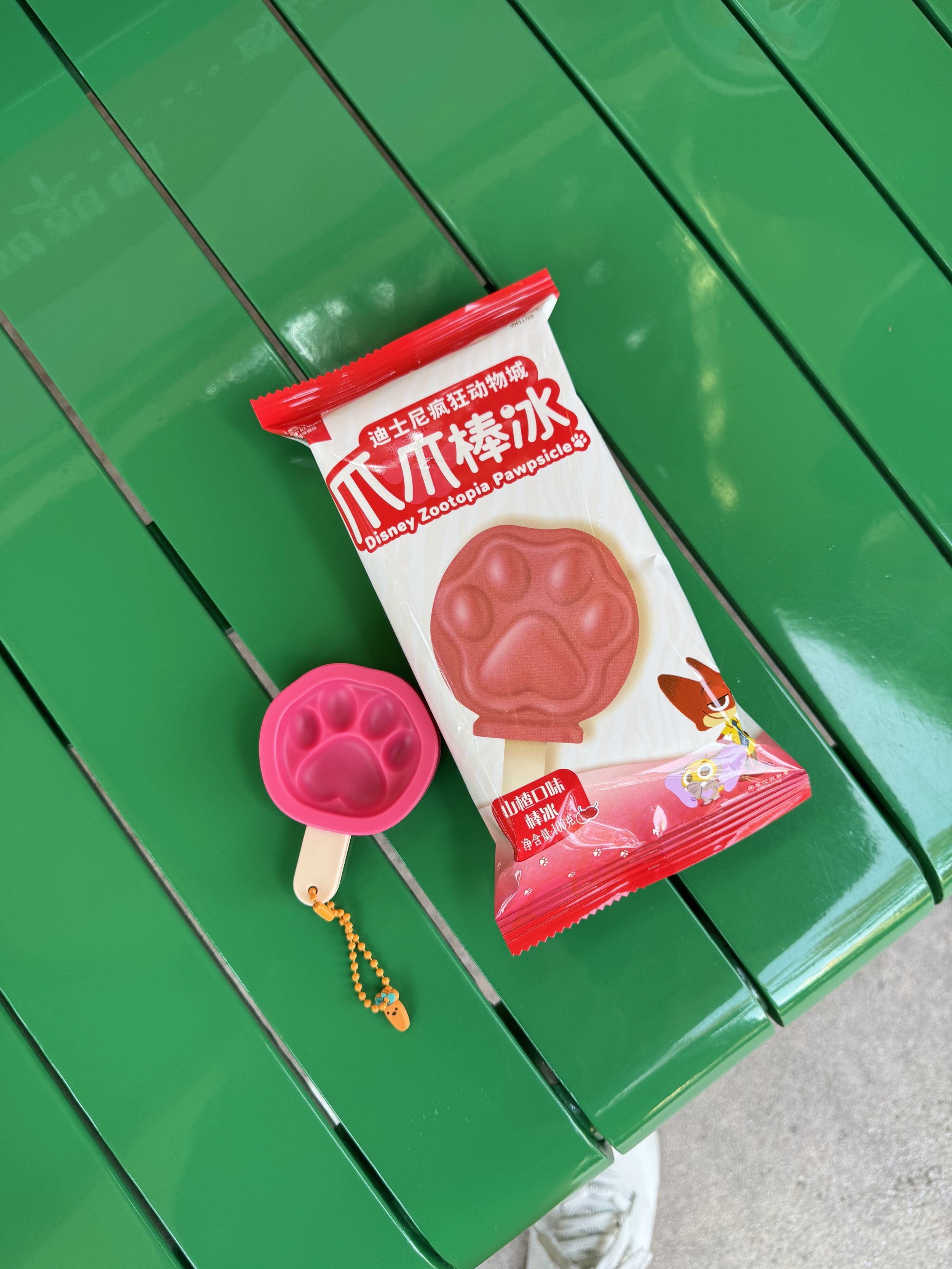 Zootopia pawpsicle in its wrapper next to a mini pawpsicle ice mold on a green bench