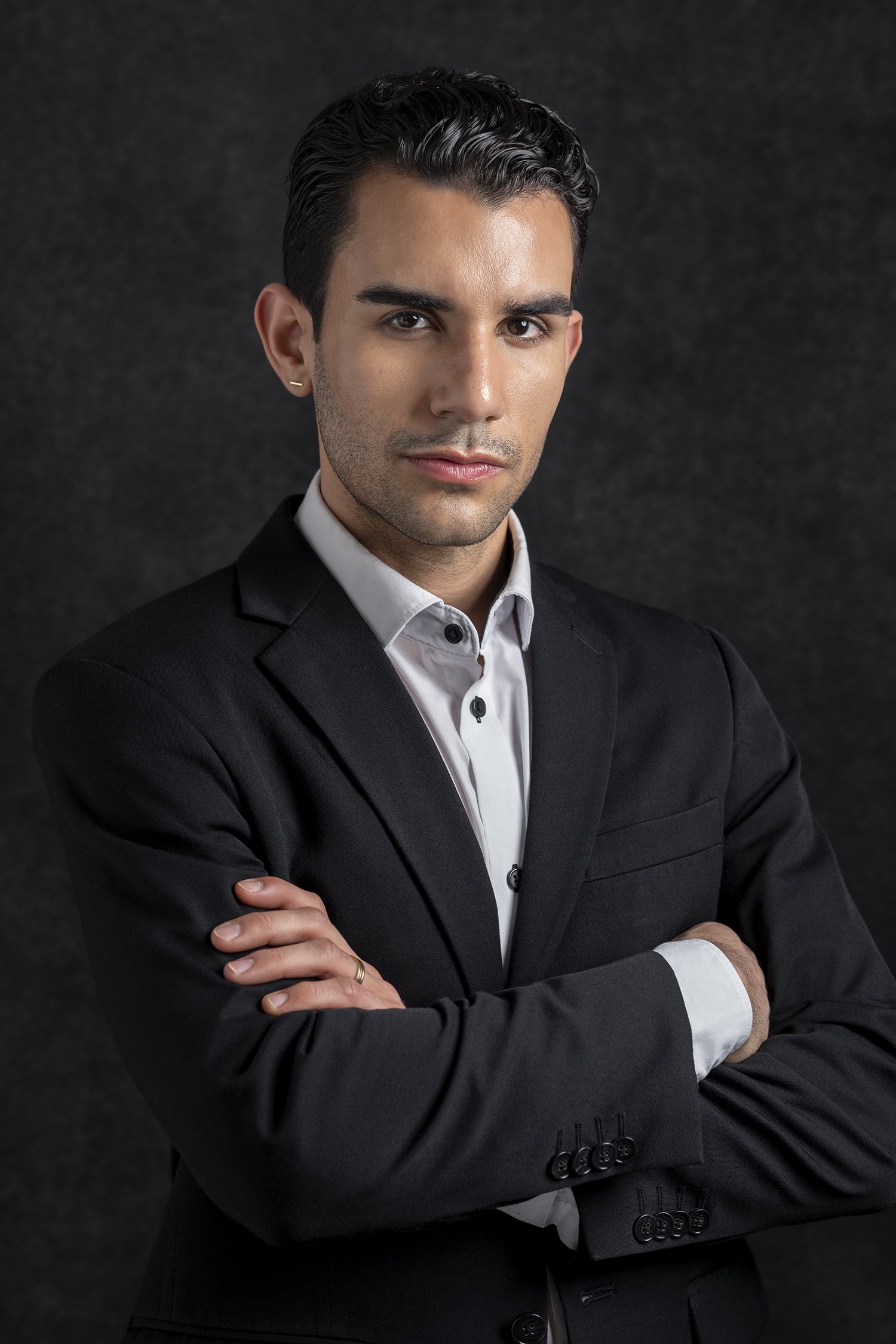 Male headshot in suit and white cotton shirt photographed in Seattle New York and Los Angeles in studio with profoto lighting