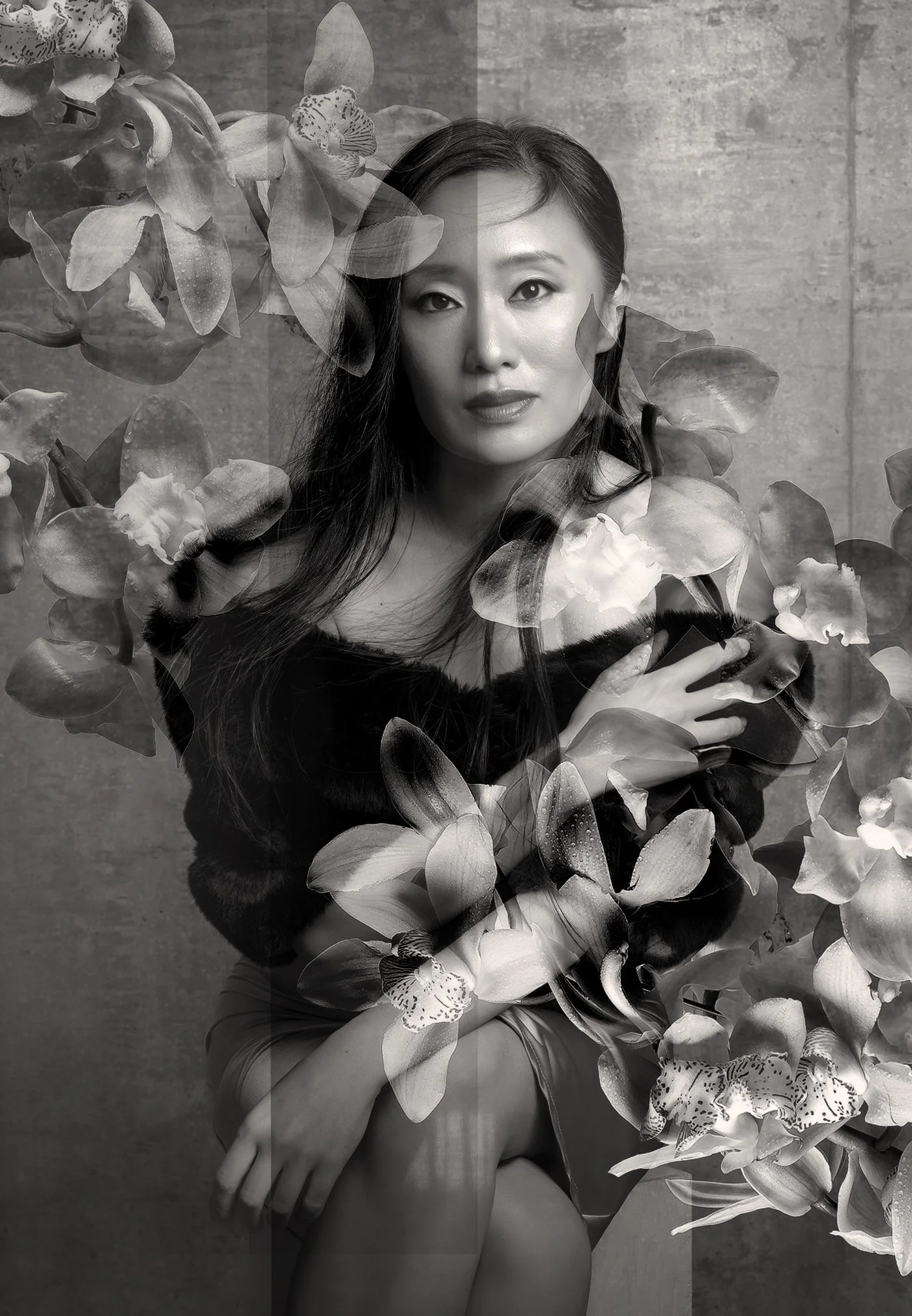 Woman photographed in black and white with orchids and flowers film double exposure overlay photographed in Los Angeles New York and Seattle