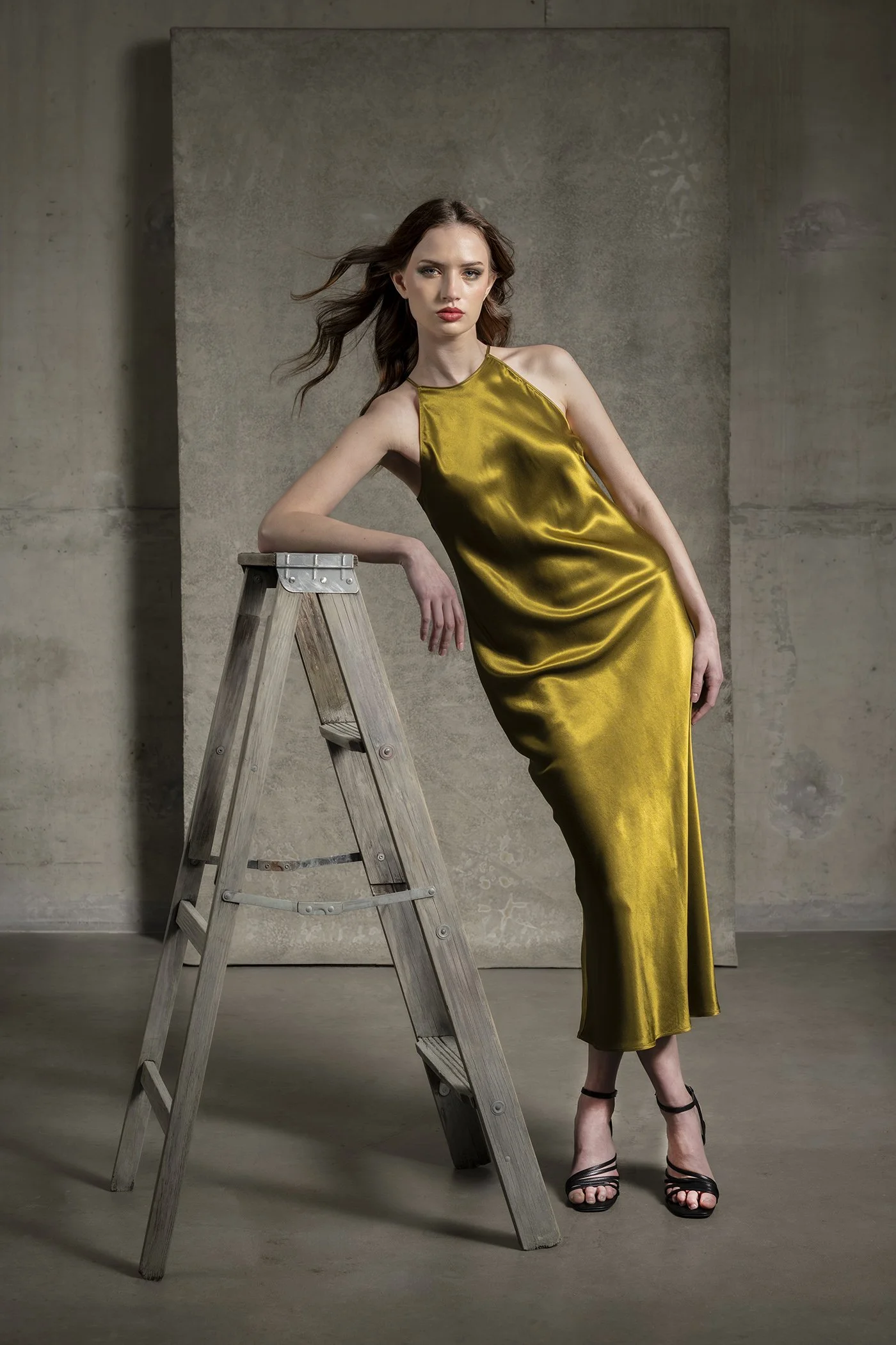 Photograph of woman in Rails green yellow silk evening gown with ladder photographed in Seattle High School senior portraits