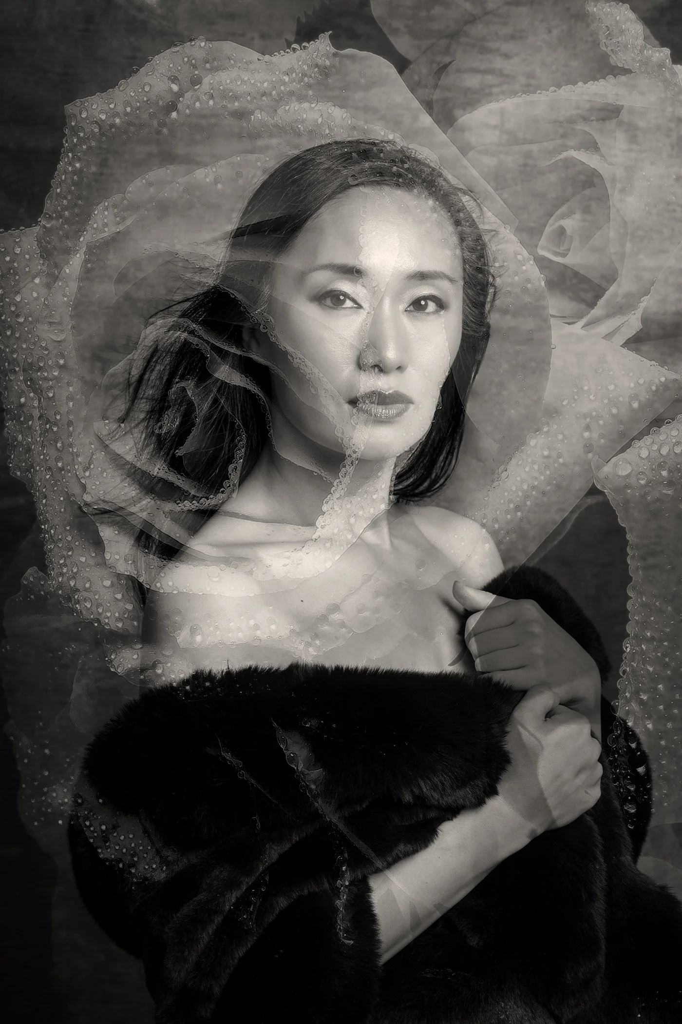 Woman with film rose overlay double exposure photographed in black in white in Seattle New York and Los Angeles