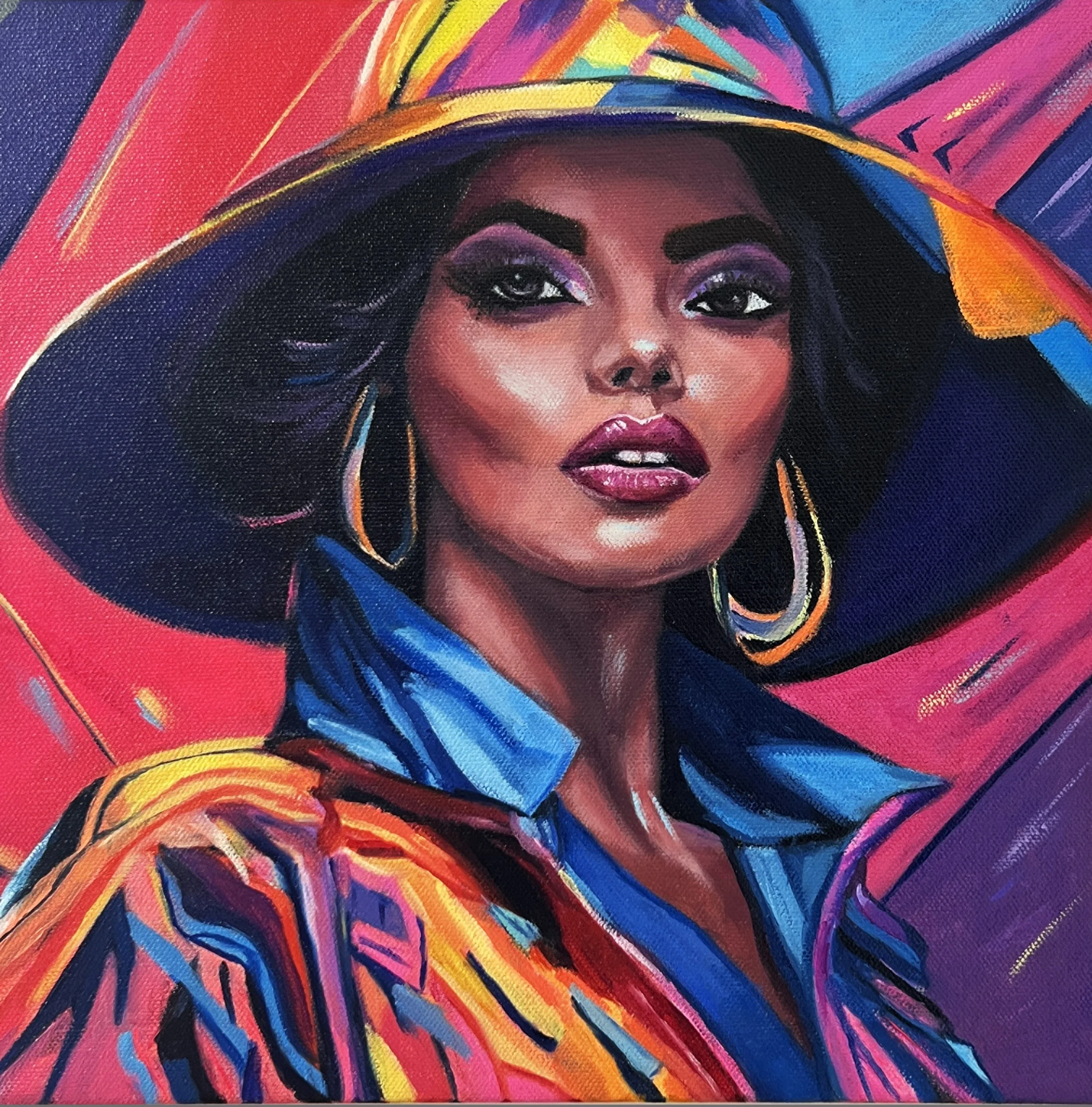 A vibrant portrait of a woman in a wide‑brimmed hat and hoop earrings painted in bold, colorful strokes.