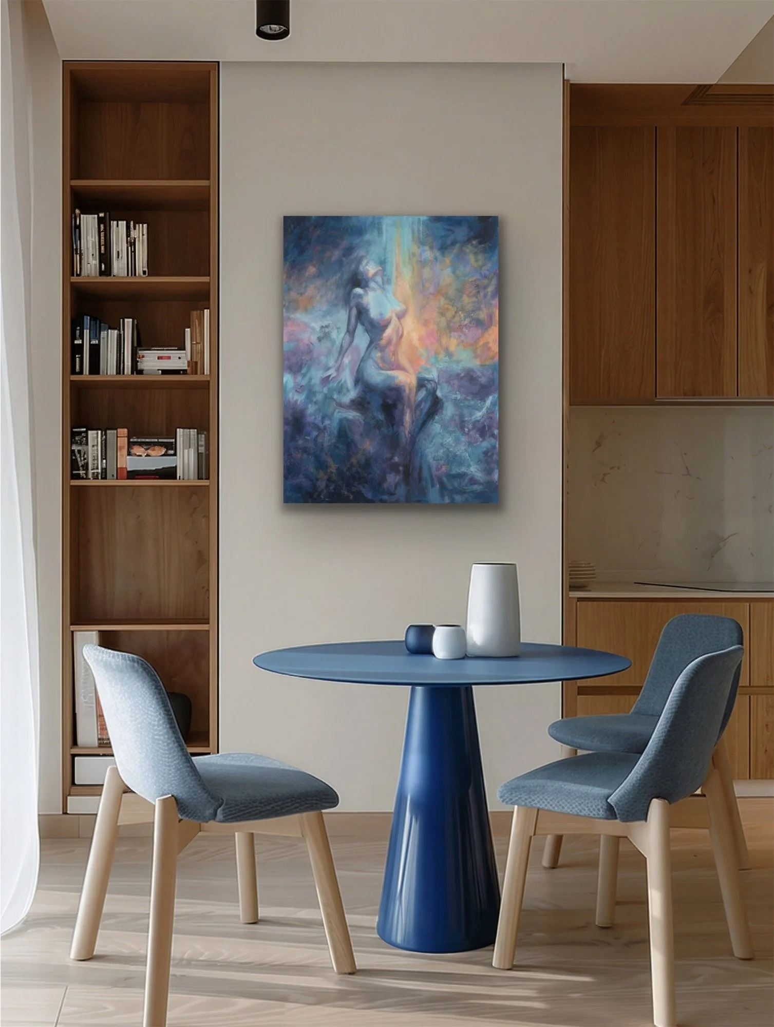Moon's Breath painting displayed in a modern dining nook with blue chairs and a round blue table