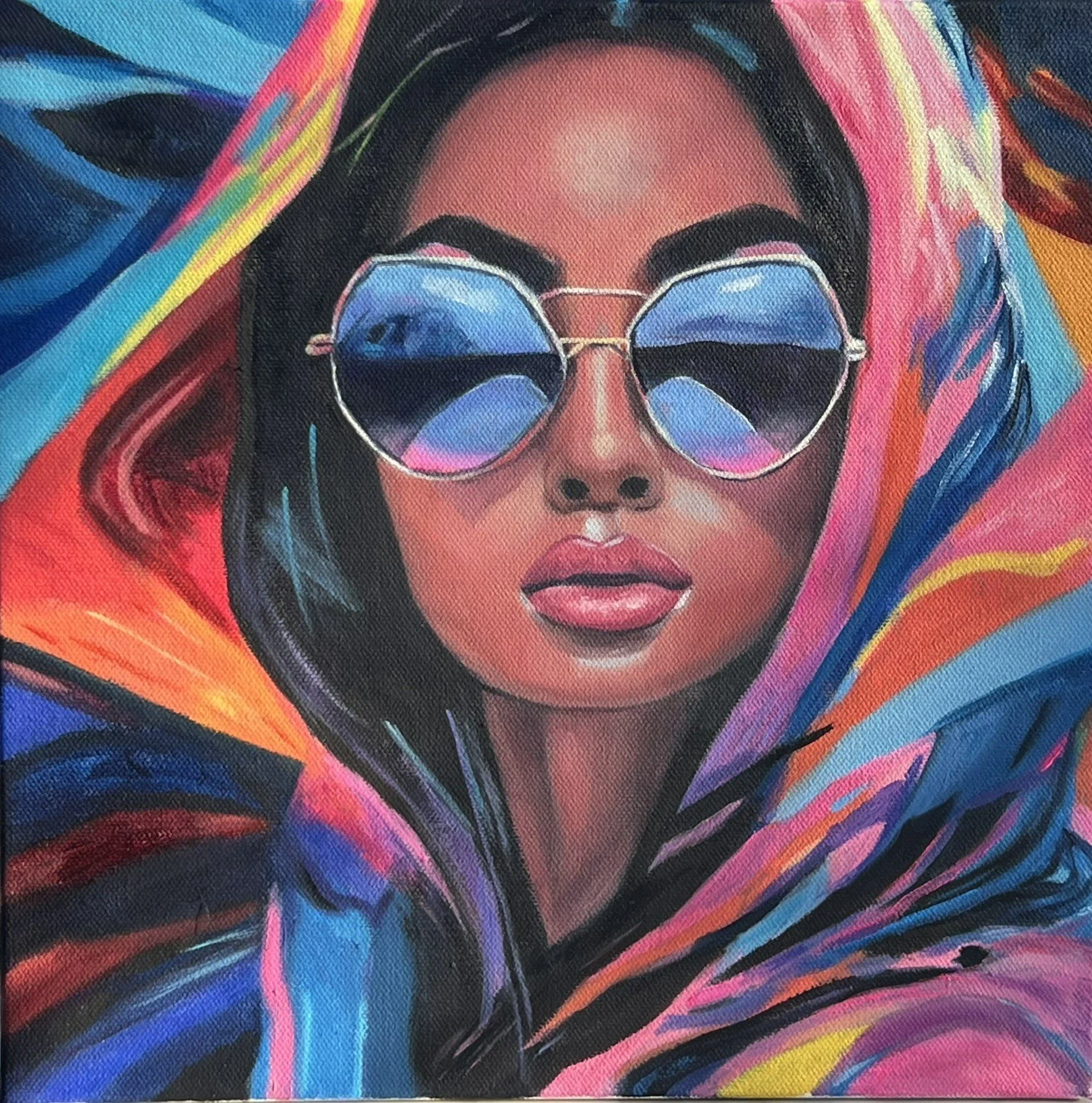 A vibrant portrait of a person in reflective sunglasses and a hooded garment, painted with bold, colorful strokes.