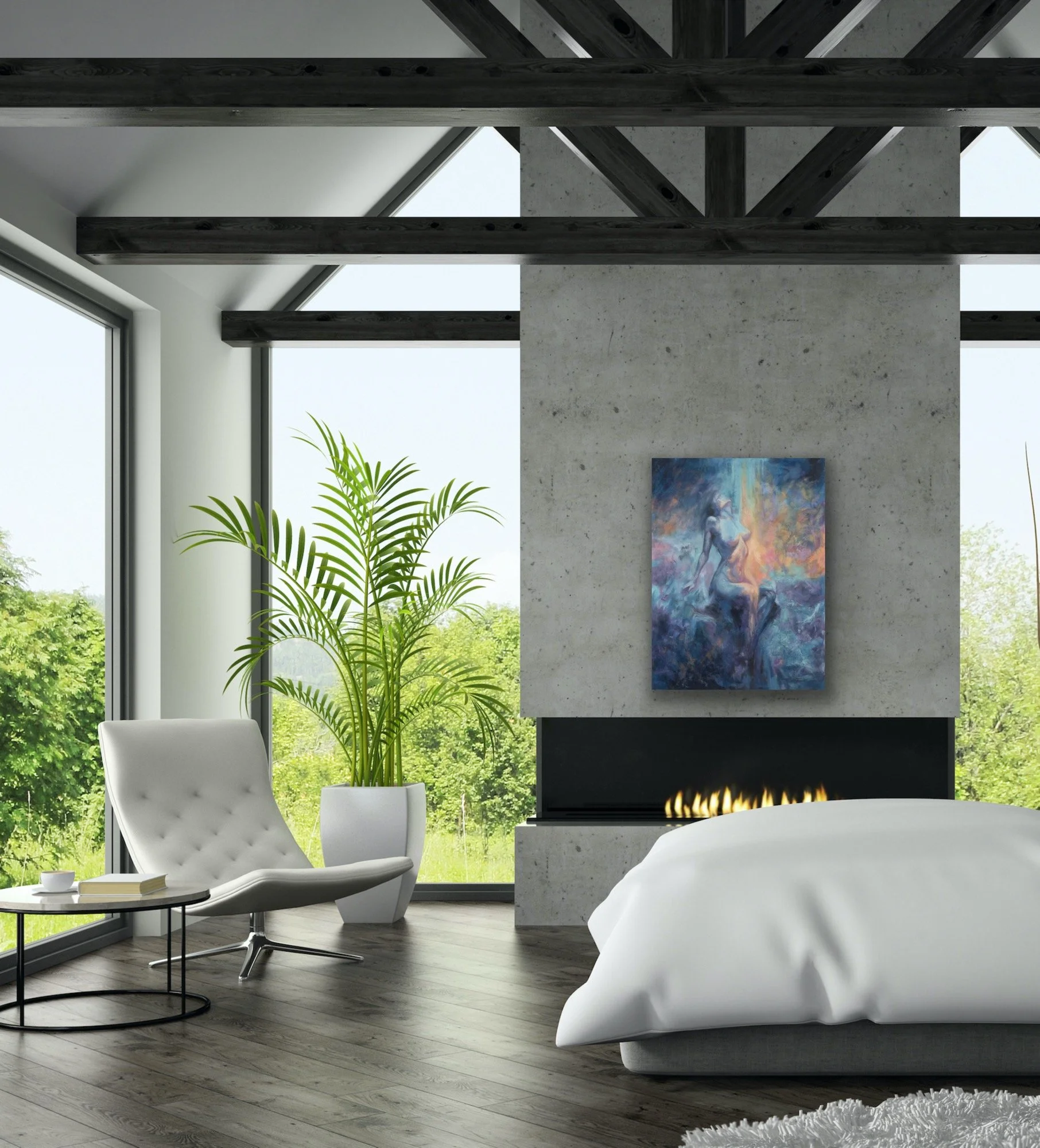 Moon's Breath original oil painting hanging above a fireplace in a modern loft bedroom with concrete walls and floor-to-ceiling windows