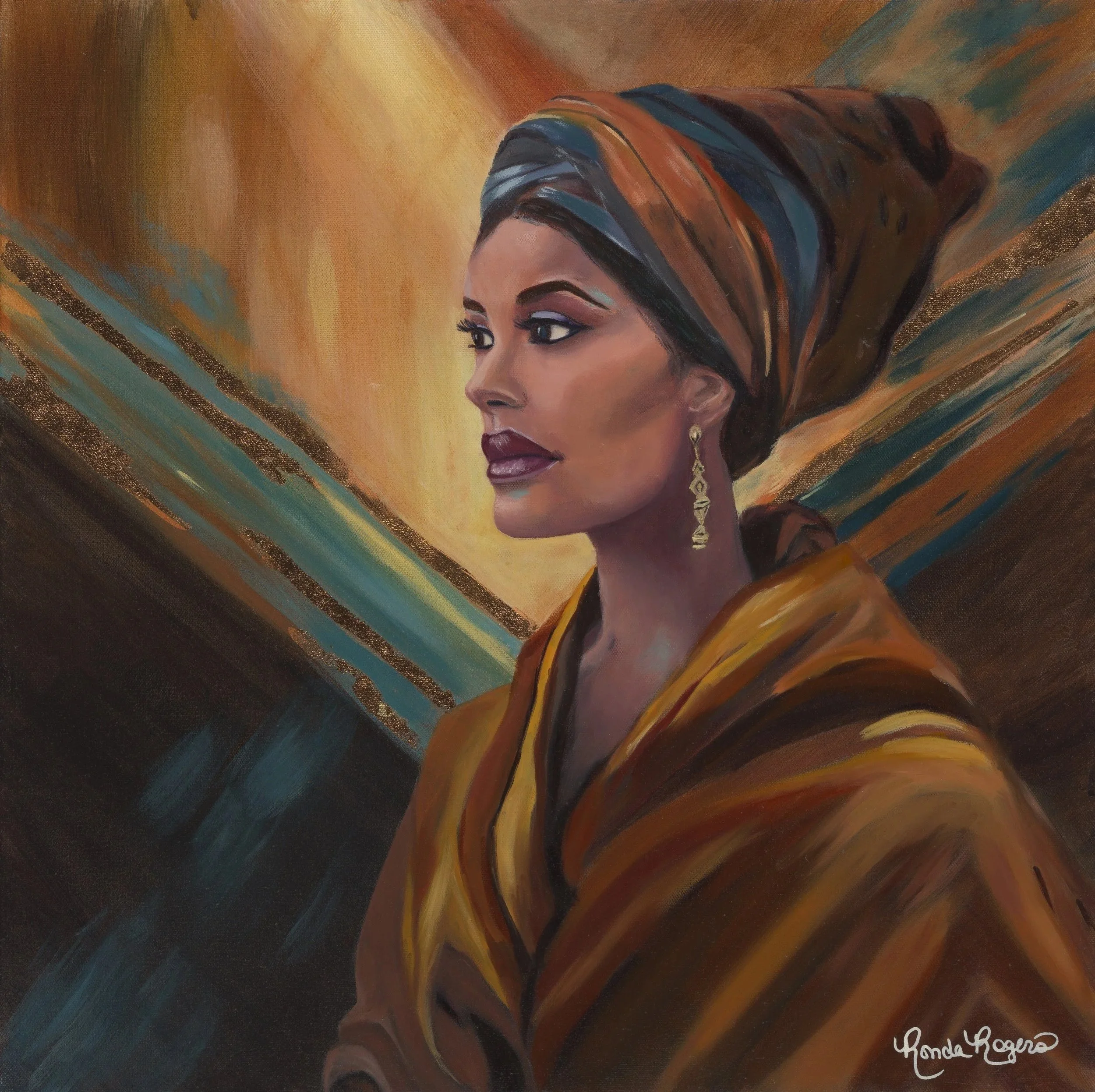 A portrait of a woman in profile, wearing a striped orange and teal head wrap, gold drop earrings, and a mustard and brown patterned shawl, set against an abstract gold and teal background with metallic streaks.
