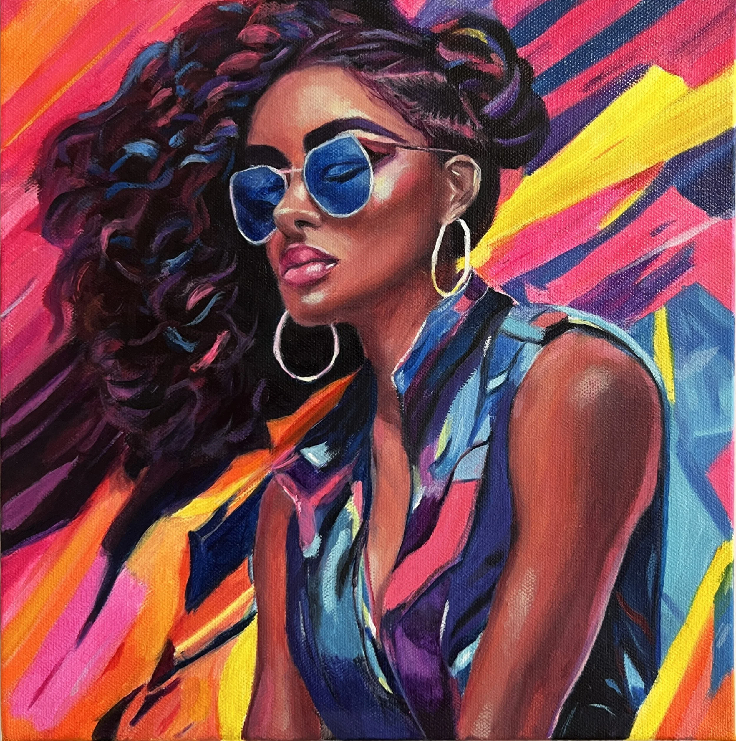 A vibrant portrait of a woman with curly hair, hoop earrings, and reflective blue sunglasses hanging on a white wall above a wooden surface with a classical bust, a leather case, and a notebook.