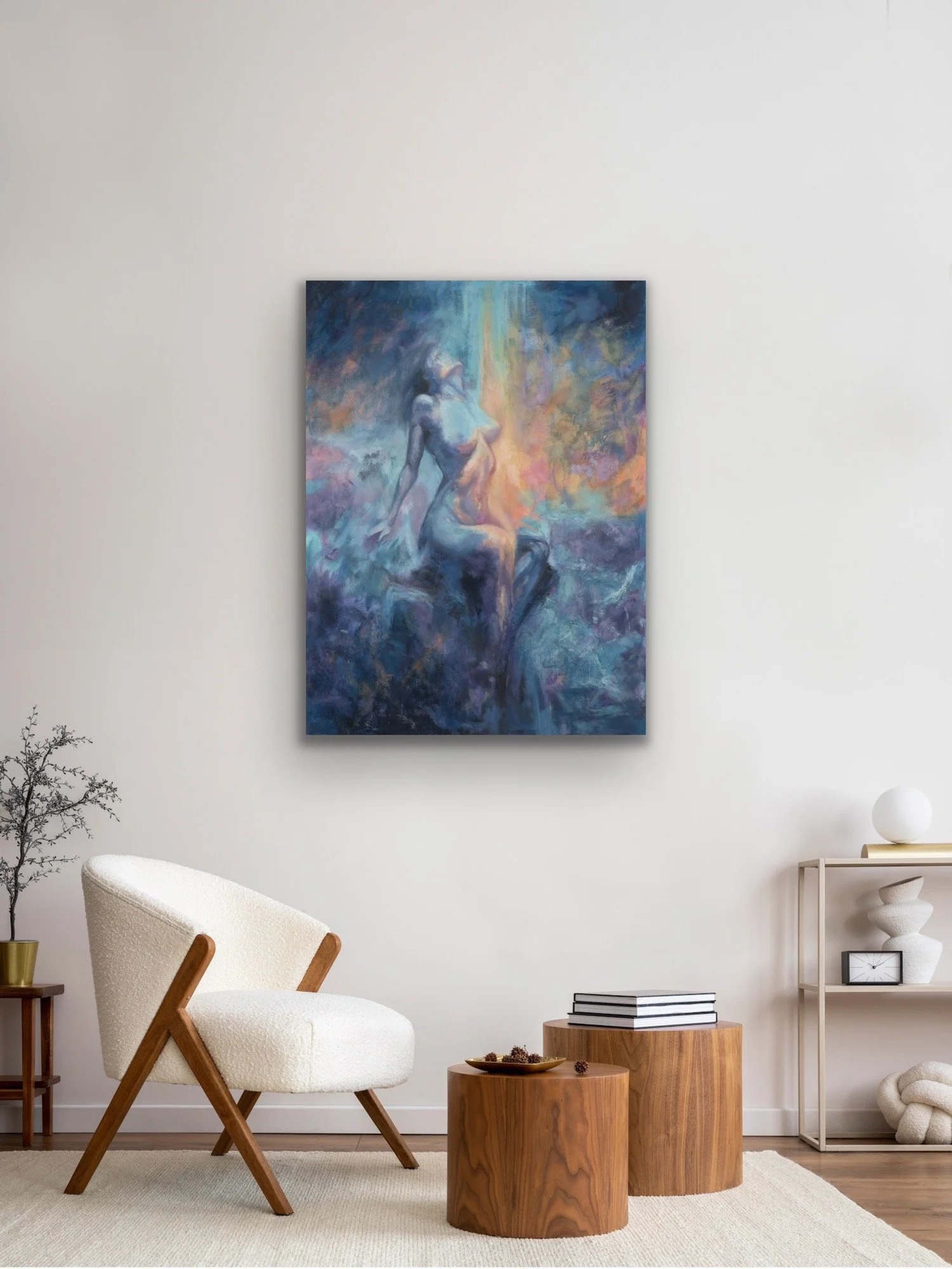Moon's Breath mixed media oil painting displayed above a wood side table in a neutral, minimalist living room