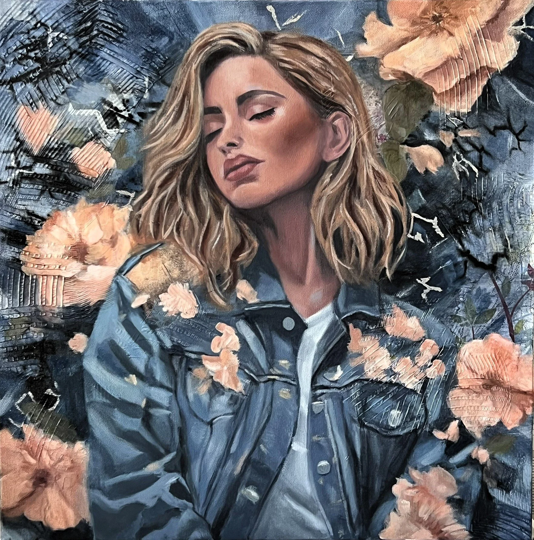 A portrait of a woman with blonde, wavy hair and closed eyes wearing a denim jacket, surrounded by peach-colored flowers and abstract textured background.