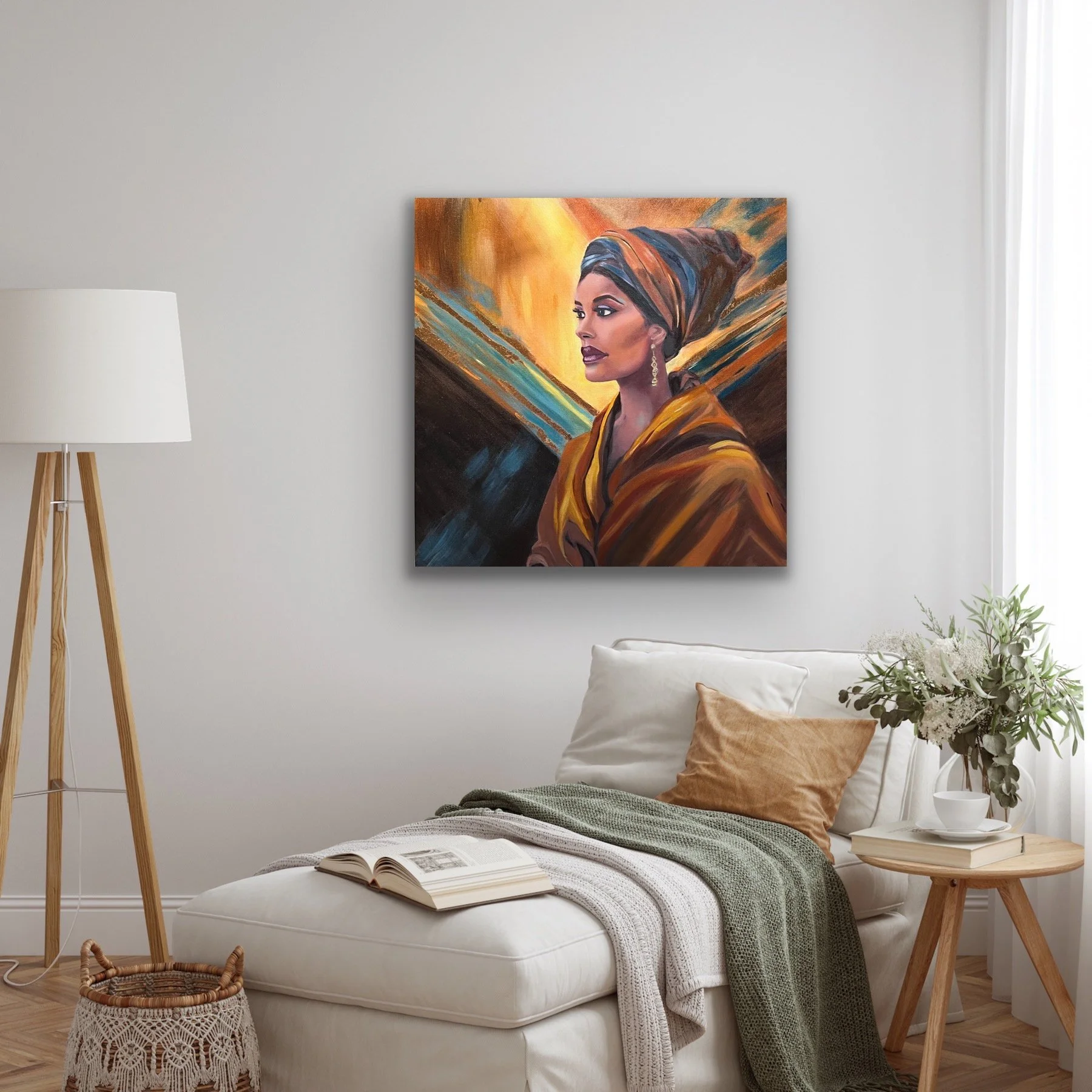Listen to the Heart painting above a cream sofa with a tan throw pillow, sage green throw blanket, tripod floor lamp, and eucalyptus on a wood side table