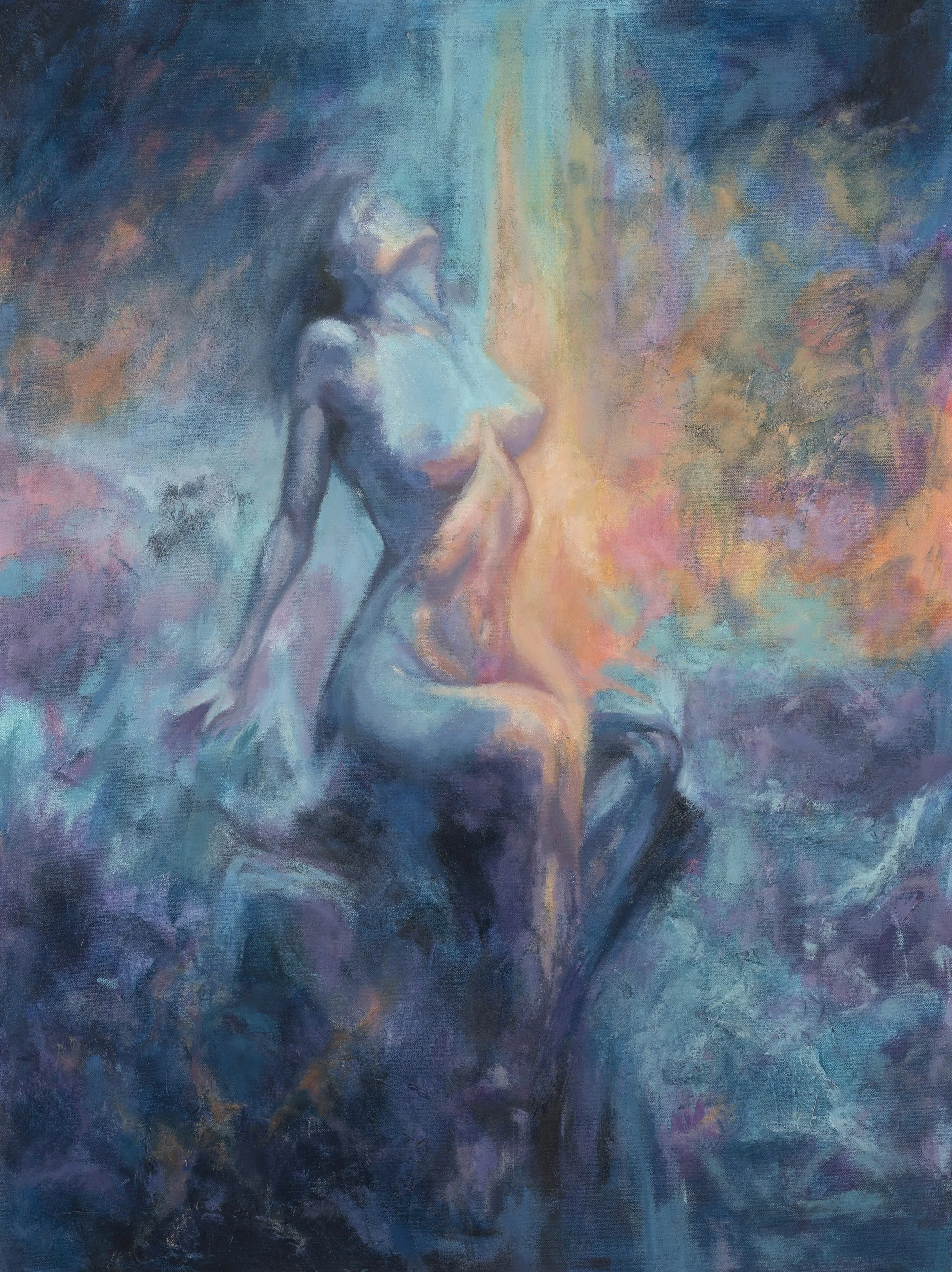 Oil painting titled "The Moon's Breath," showing a woman bathed in warm golden light amid swirling deep blue and violet brushstrokes.