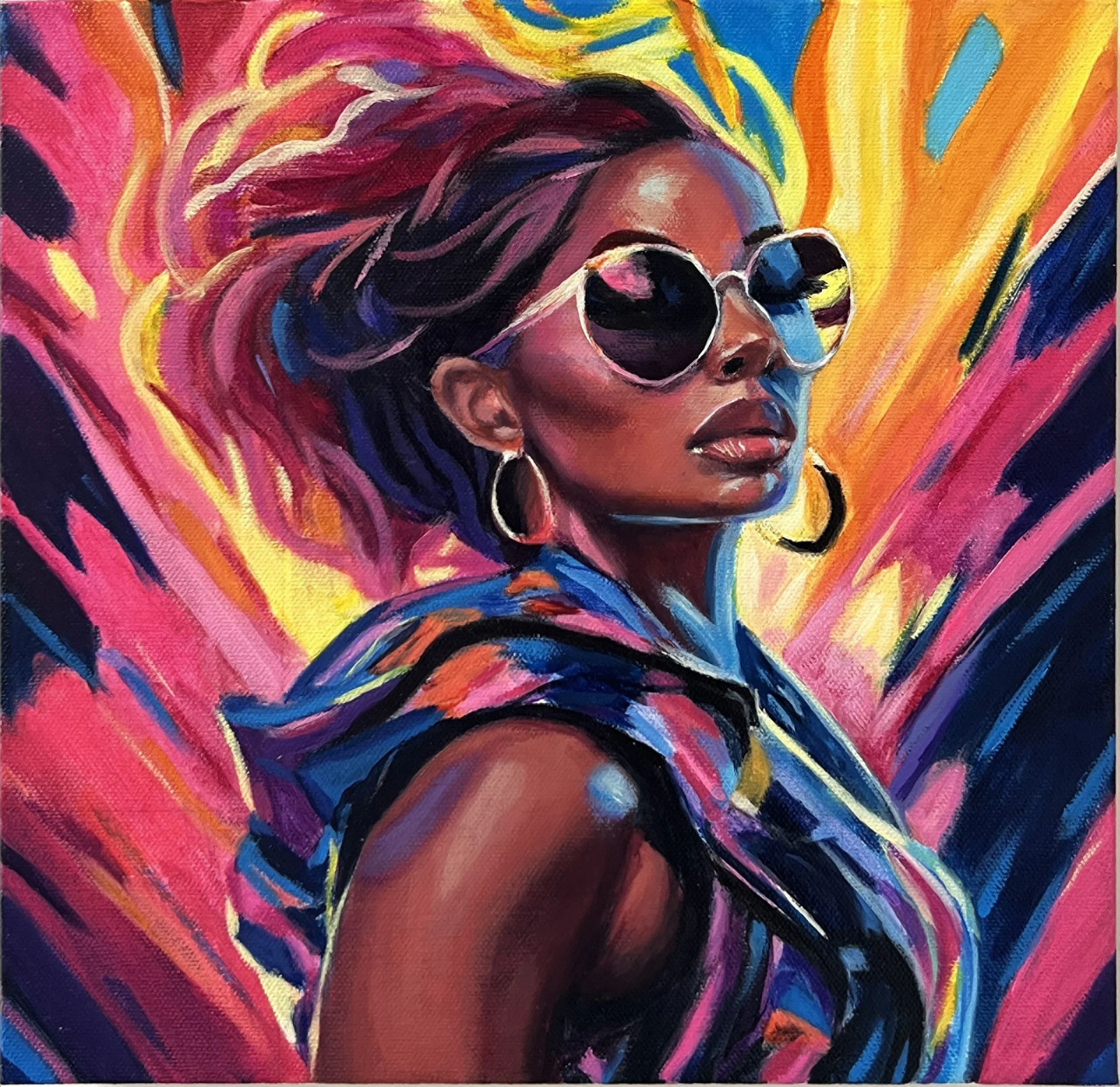 A bold, colorful portrait of a woman in round sunglasses and hoop earrings painted with expressive, vibrant strokes.