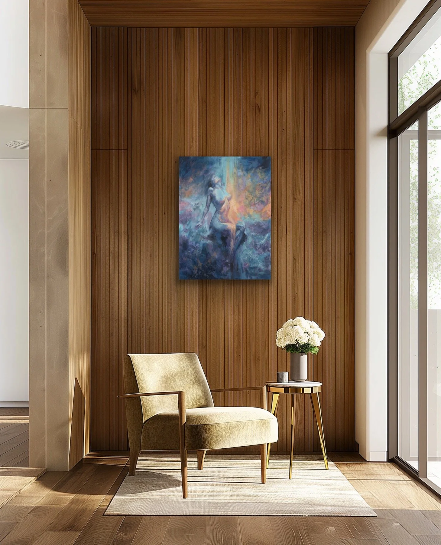 Moon's Breath original oil painting displayed above a cream armchair in a wood-paneled room with a gold side table and white flowers