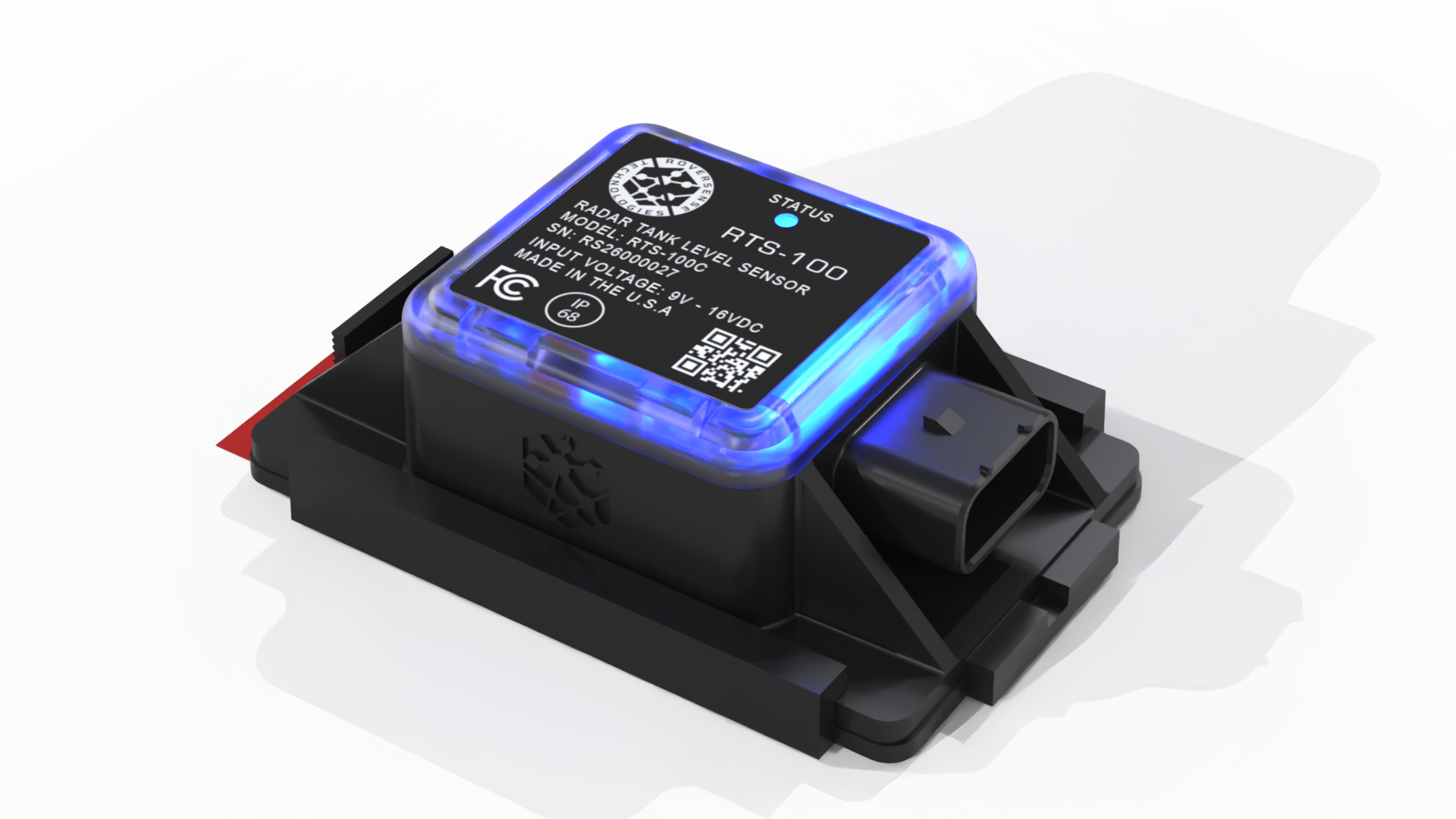 Close-up of a radar tank level sensor (RoverSense Tech RTS-100) with black casing, transparent top illuminated by blue LED lights, and a label with technical specifications, mounted on a white surface.