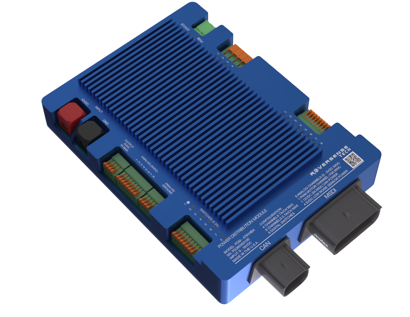 RoverSense Power Distribution Module anodized blue aluminum case and automotive connectors.