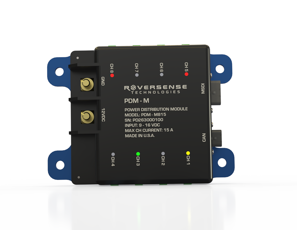 Top view of RoverSense Tech PDM with eight channels and status indicators illuminated.