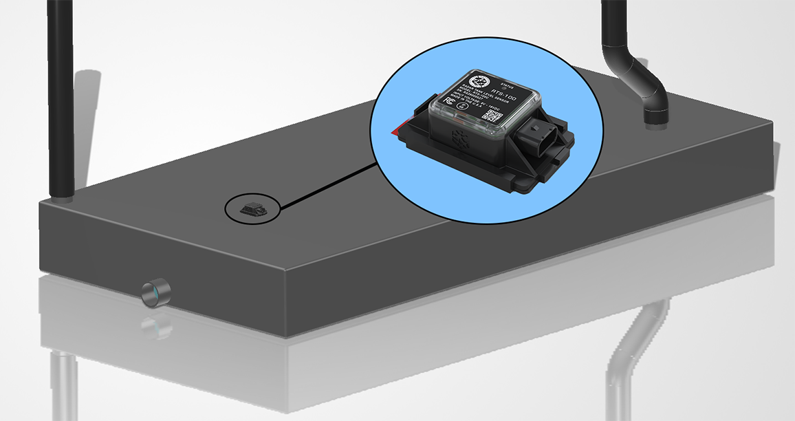 A RV holding tank with a focus on a RoverSense Tech's RTS-100 sensor placed on it, shown in a close-up inset.
