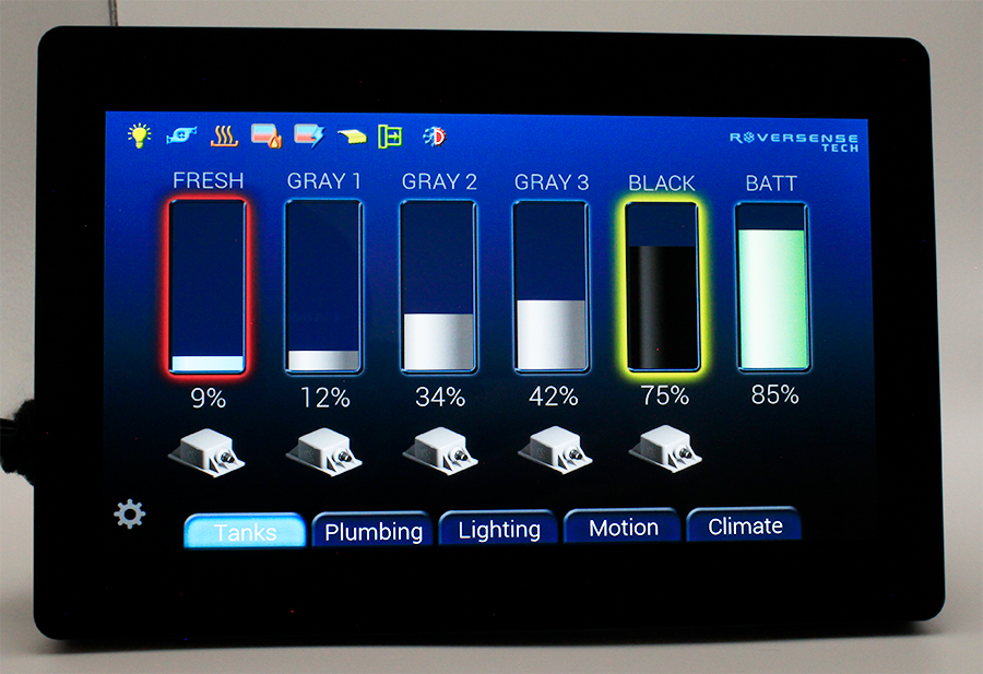 RoverSense Unified Experience Controller showing levels screen with various tank levels displayed.