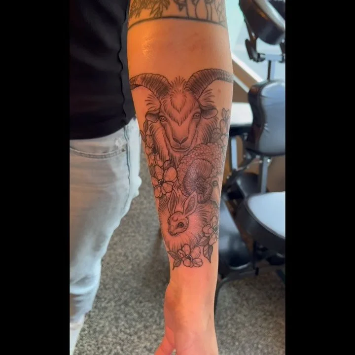 Absolutely LOVE how this turned out! The perfect tattoo for a fiber artist&hellip; A cashmere goat, merino sheep and angora rabbit- along with a little silk spinner weaver the spider :) I had so much fun designing and tattooing this piece! More like 