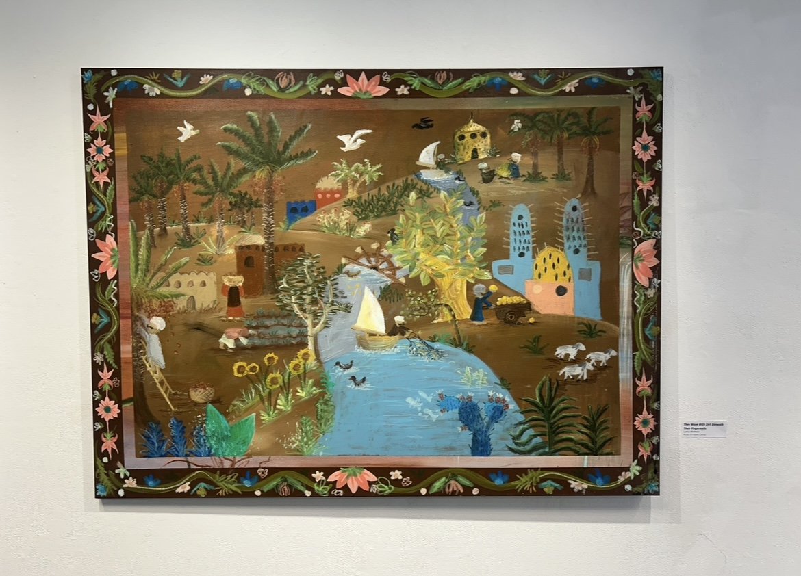 They Wove With Dirt Beneath Their Fingernails. Lamia Shehata, 2025, Acrylic and Oil Pastels on Canvas, 36" x 48"