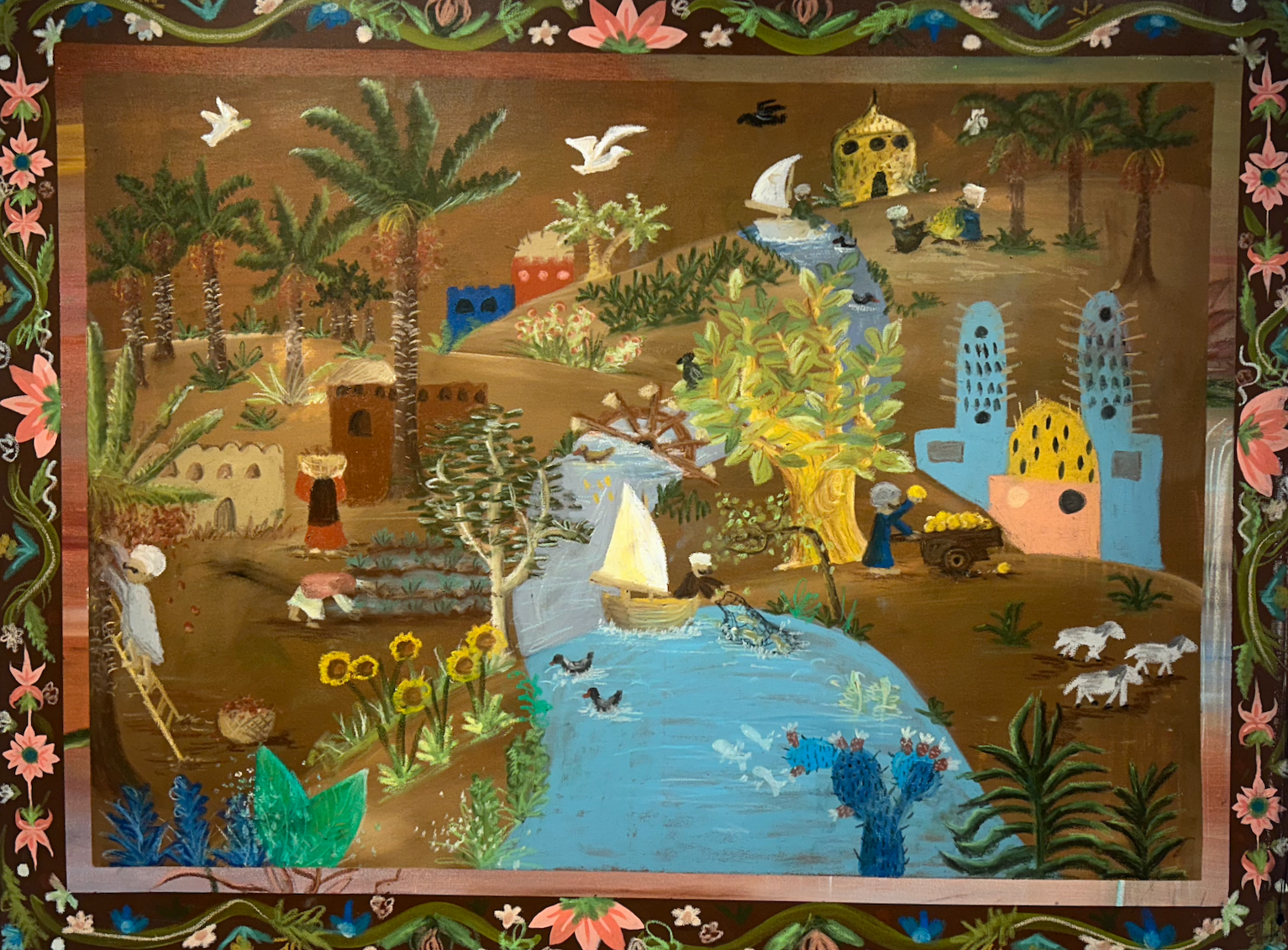 They Wove With Dirt Beneath Their Fingernails. Lamia Shehata, 2025, Acrylic and Oil Pastels on Canvas, 36" x 48"