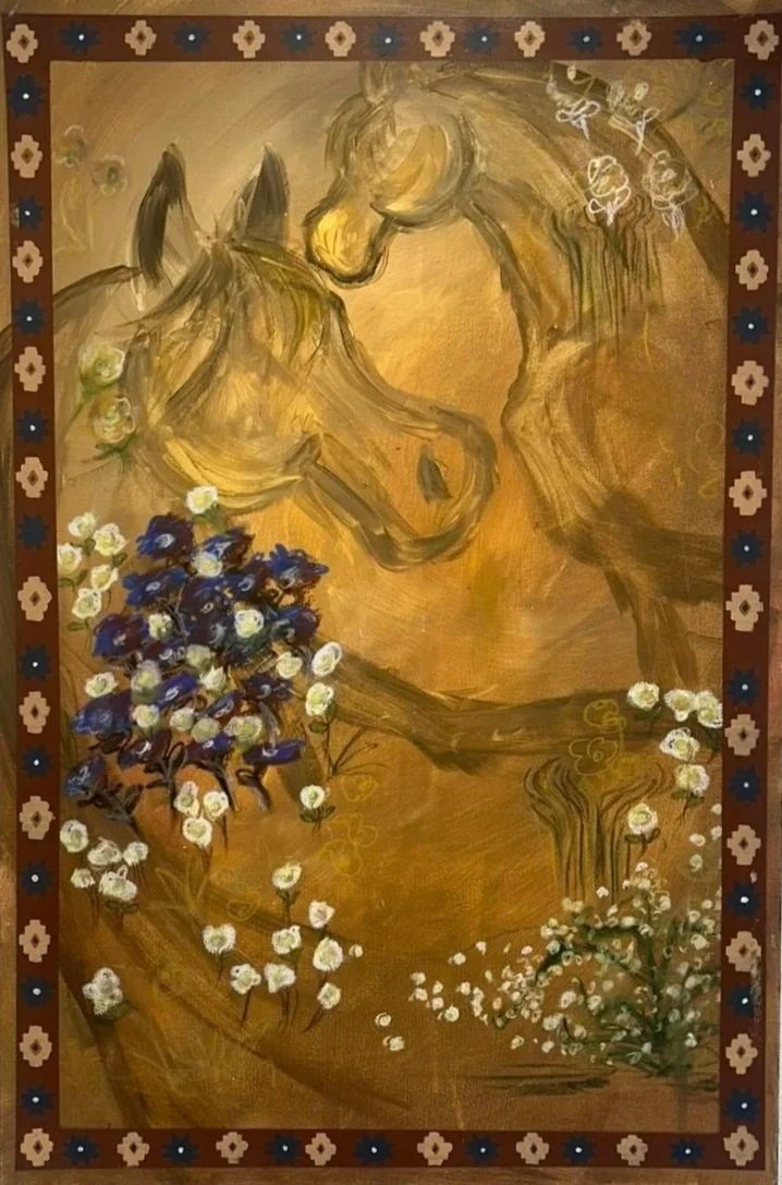 Two Arabian Horses. Lamia Shehata, 2025, Acrylic and Oil Pastels on Canvas, 24" x 36"