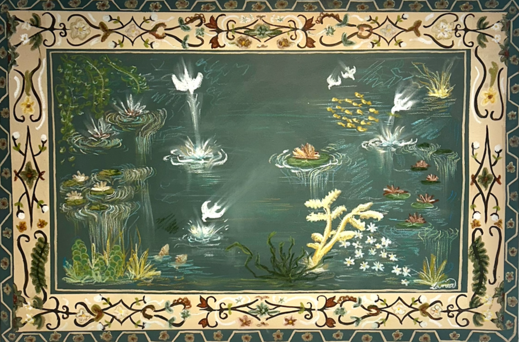 Where The Nile Flows. Lamia Shehata, 2025, Acrylic and Oil Pastels on Canvas, 24" x 36"