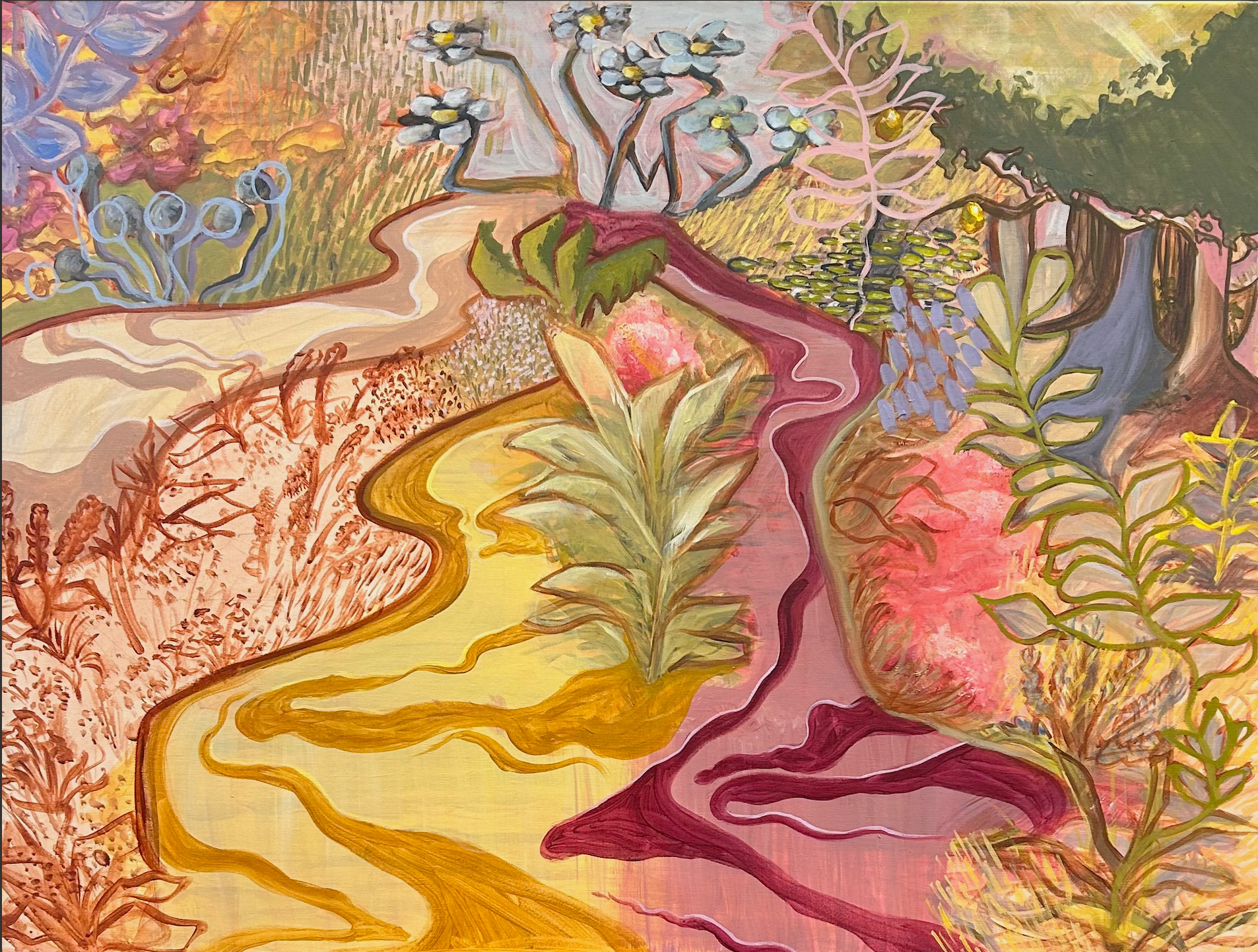 Rivers of White, Red, Gold, And. Lamia Shehata, 2026,  Acrylic on Canvas,  4ft x 3ft
