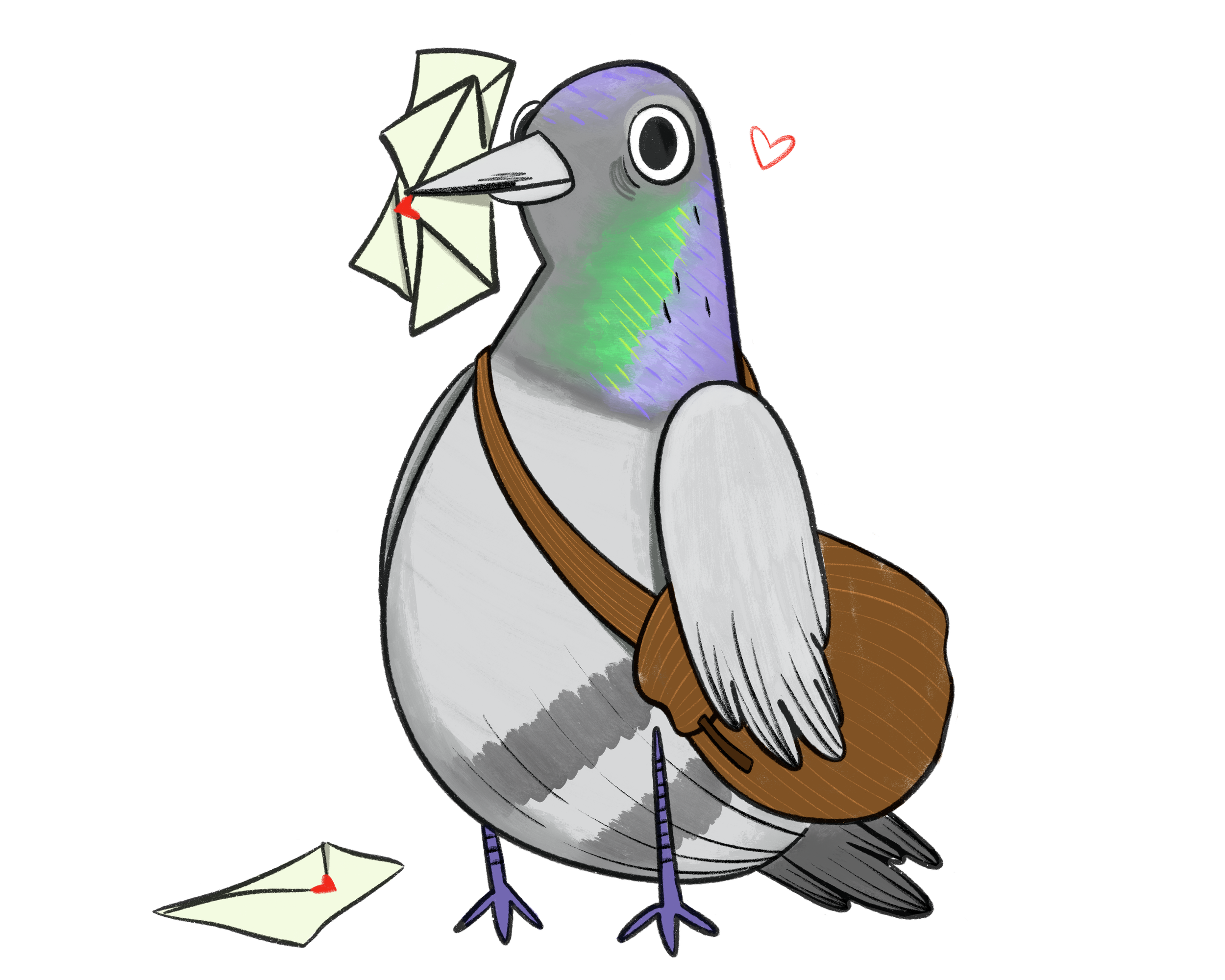 A cartoon pigeon holding a letter with a red heart stamp in its beak, another letter on the ground, carrying a brown bag, and standing against a black background