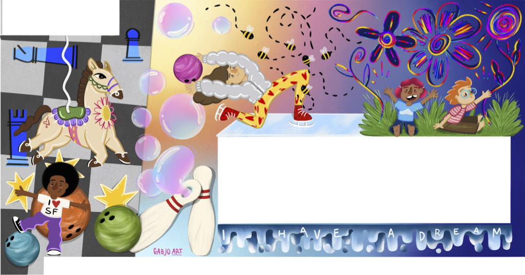 Colorful scene with children, toys, and fantasy elements including a rocking horse, bowling pins, bowling balls, bubbles, a girl with dinosaur pajamas, two kids with fireworks, and decorative flowers with animals in a playful setting.