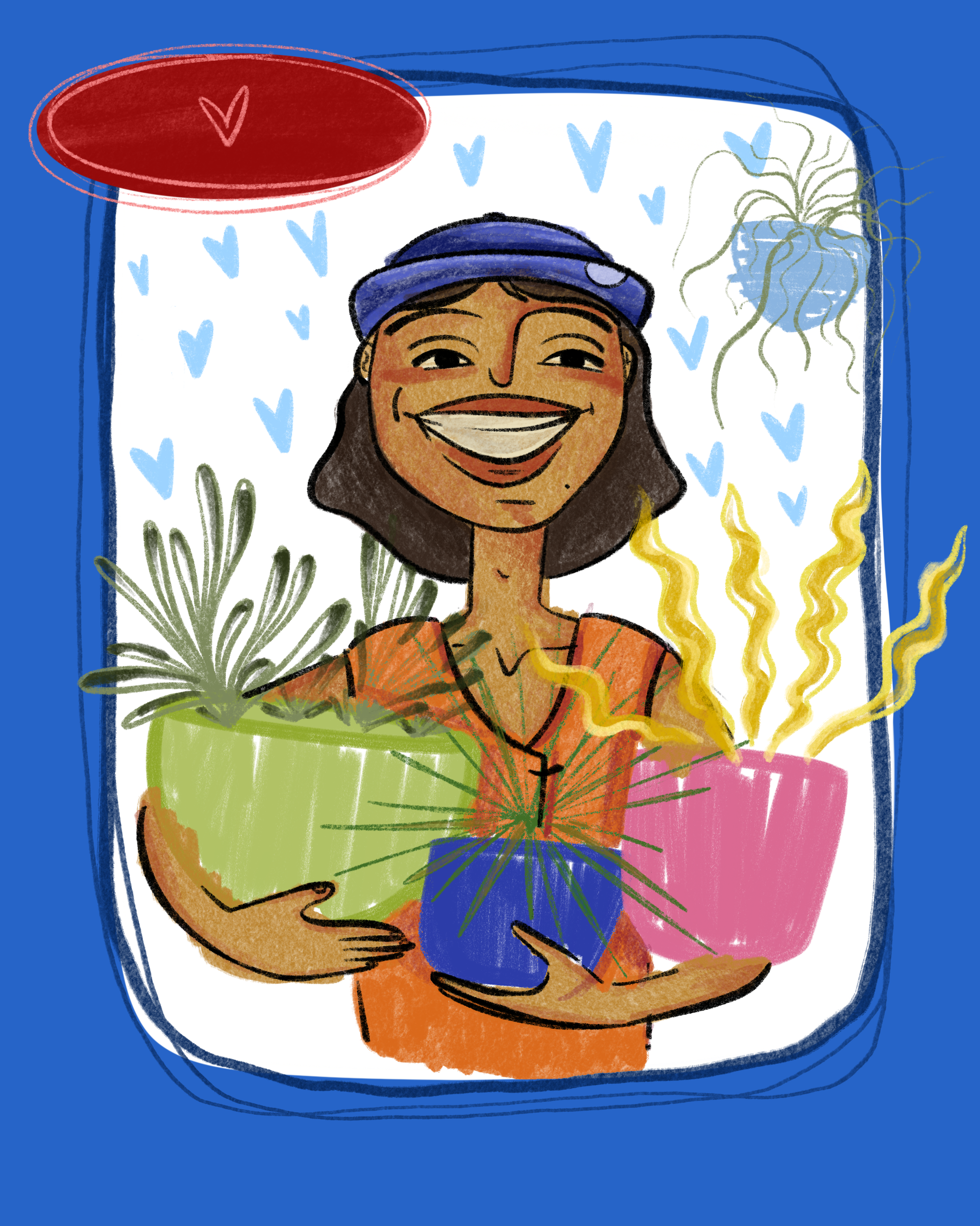 A happy girl with dark hair, wearing a blue hat and orange shirt, holding three potted plants with different leaves and colors, smiling and looking cheerful, with a background of blue, small blue hearts, and a red speech bubble with a heart.