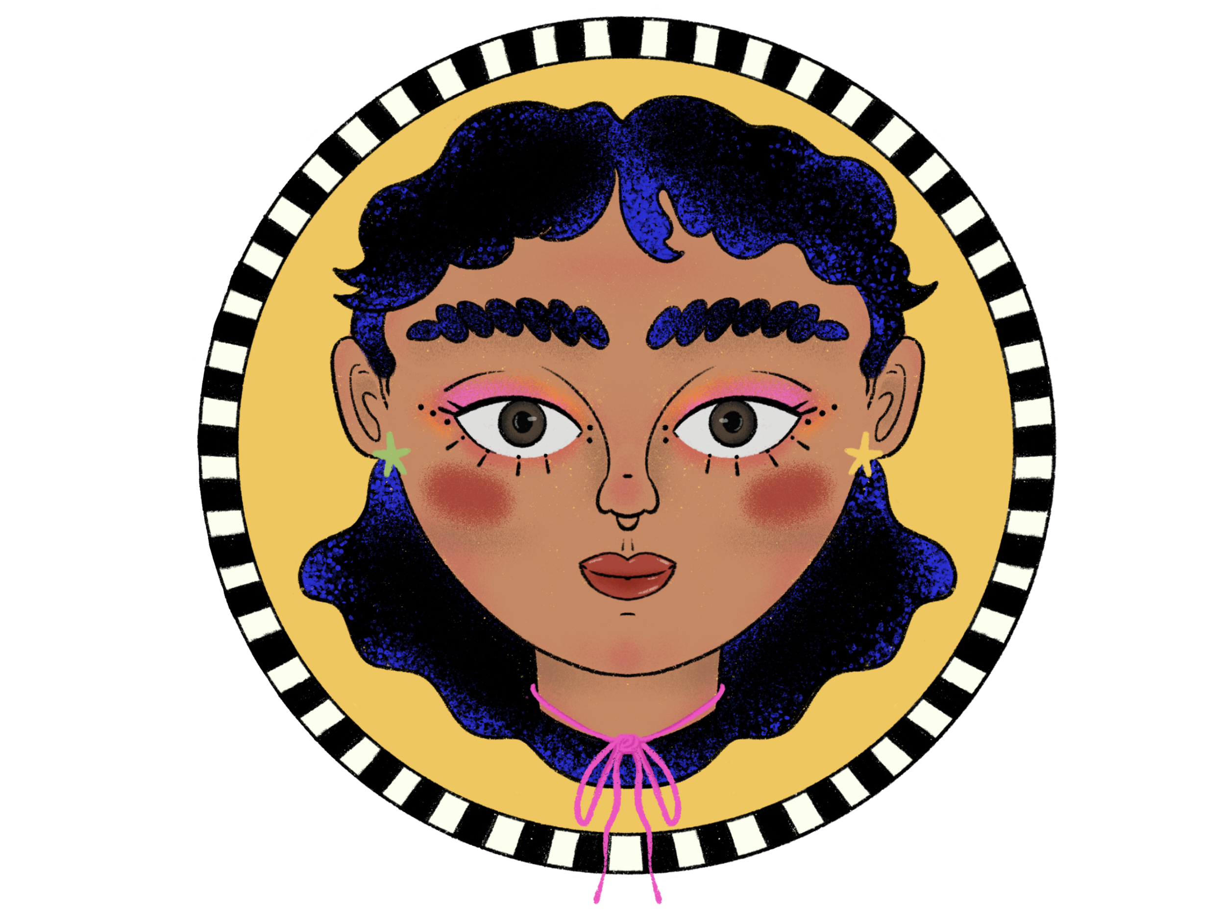 Illustration of a woman with dark orange skin and curly dark blue hair, wearing star-shaped earrings, pink eyeshadow, and a pink necklace against a yellow circular background with a black and white striped border.