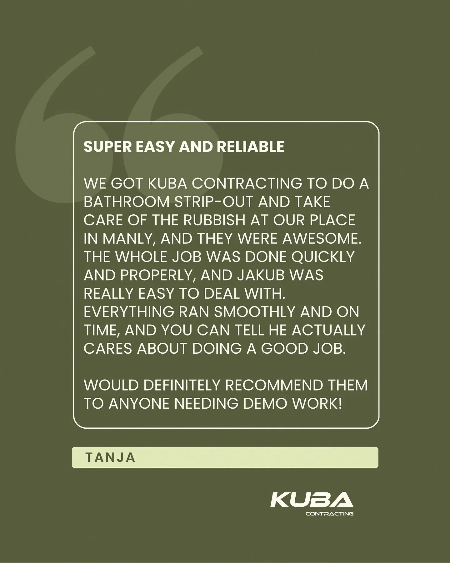 It&rsquo;s always such a pleasure working with locals and getting to be a part of their journey!

Really appreciate the review, Tanja! 

Got a home project you&rsquo;re working on? 
Give us a call to get a free quote 📲 

#KubaContracting #demolition