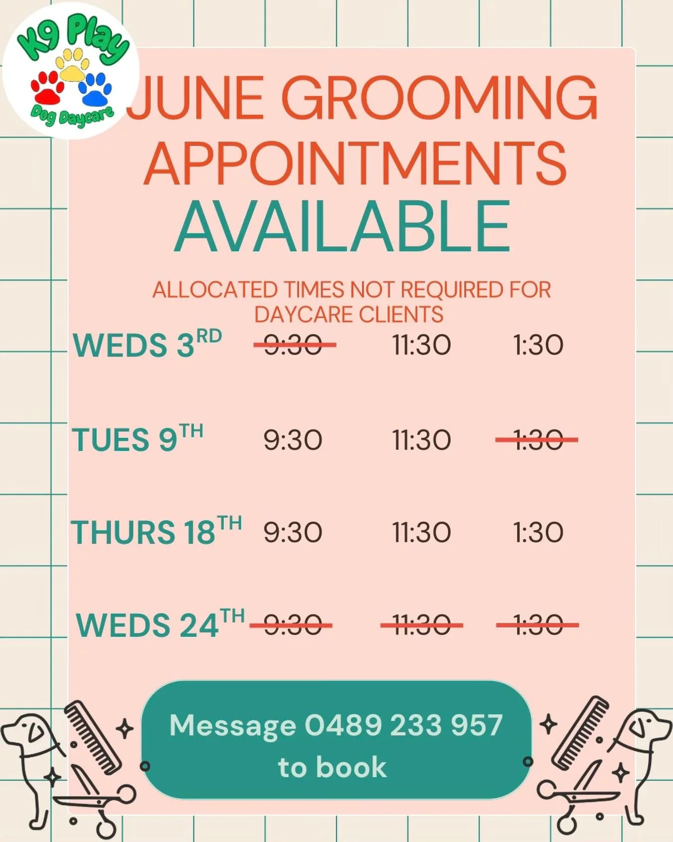 June Grooming Appointments are NOW available! 🐾

Is your pup in need of a freshen up? 🛁 Book them in for a groom at K9 Play this June &mdash; spots are filling fast!

Daycare clients don&rsquo;t need an allocated time- just drop them off at school 
