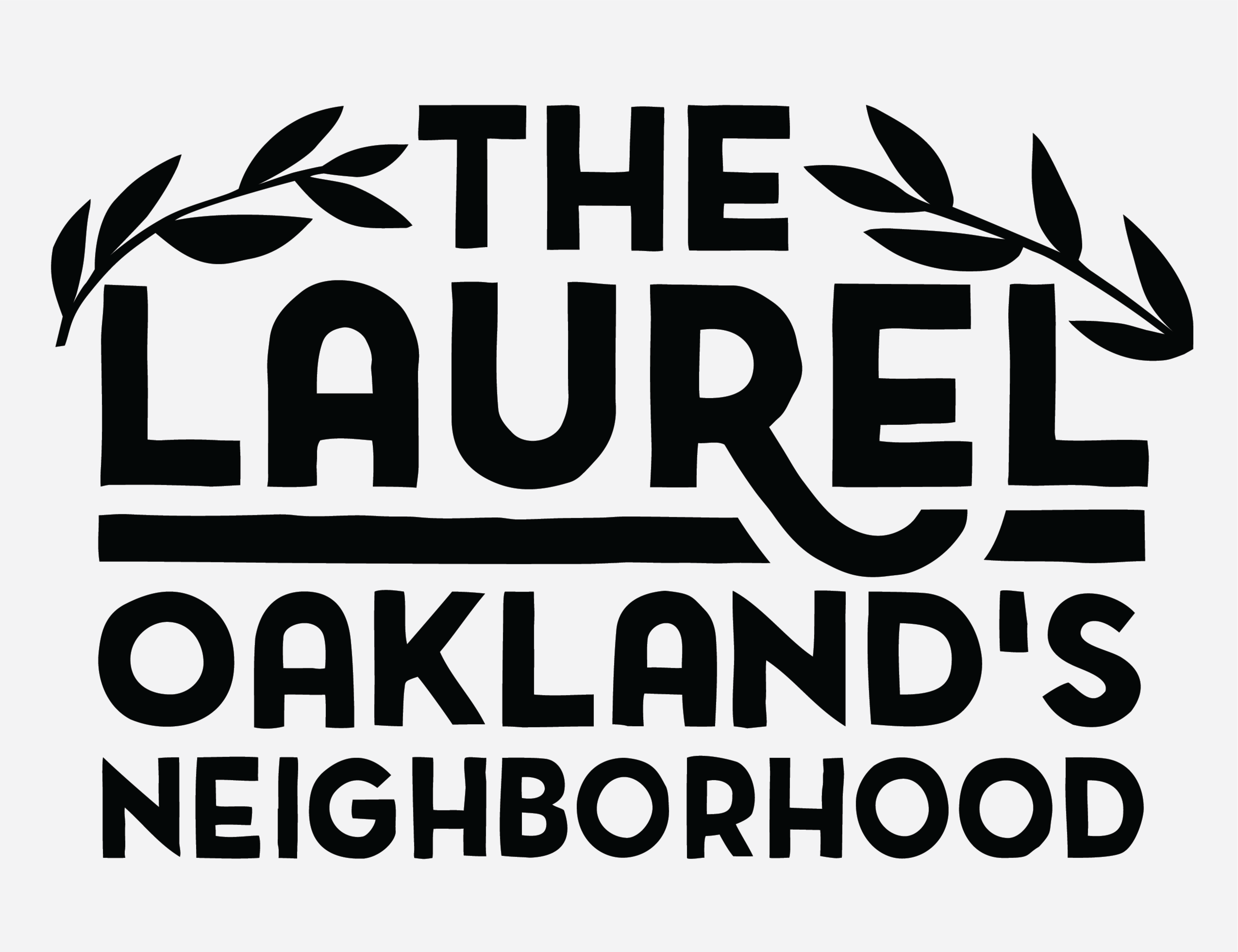 Black and white logo with text that reads 'The Laurel Oakland's Neighborhood' and includes two laurel branches at the top.