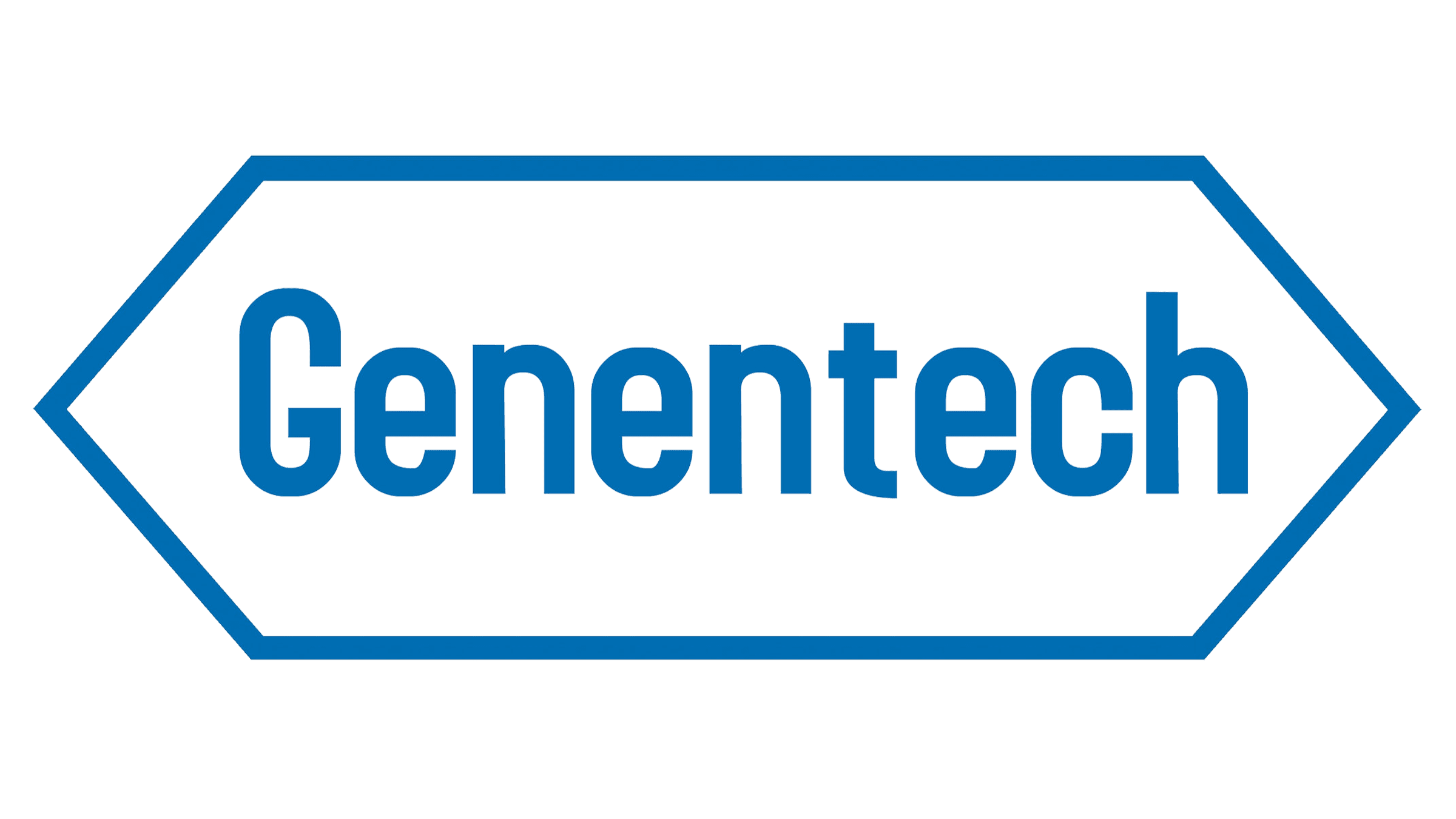 Blue text that reads 'Genentech' inside a hexagon outline with blue borders.