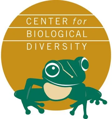 Logo for Center for Biological Diversity featuring a cartoon frog in front of a gold circle with the organization's name.