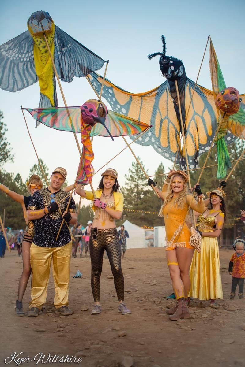 Group of five people dressed in colorful, bohemian clothing, holding large butterfly-shaped and insect-themed kites at an outdoor festival or gathering during sunset.