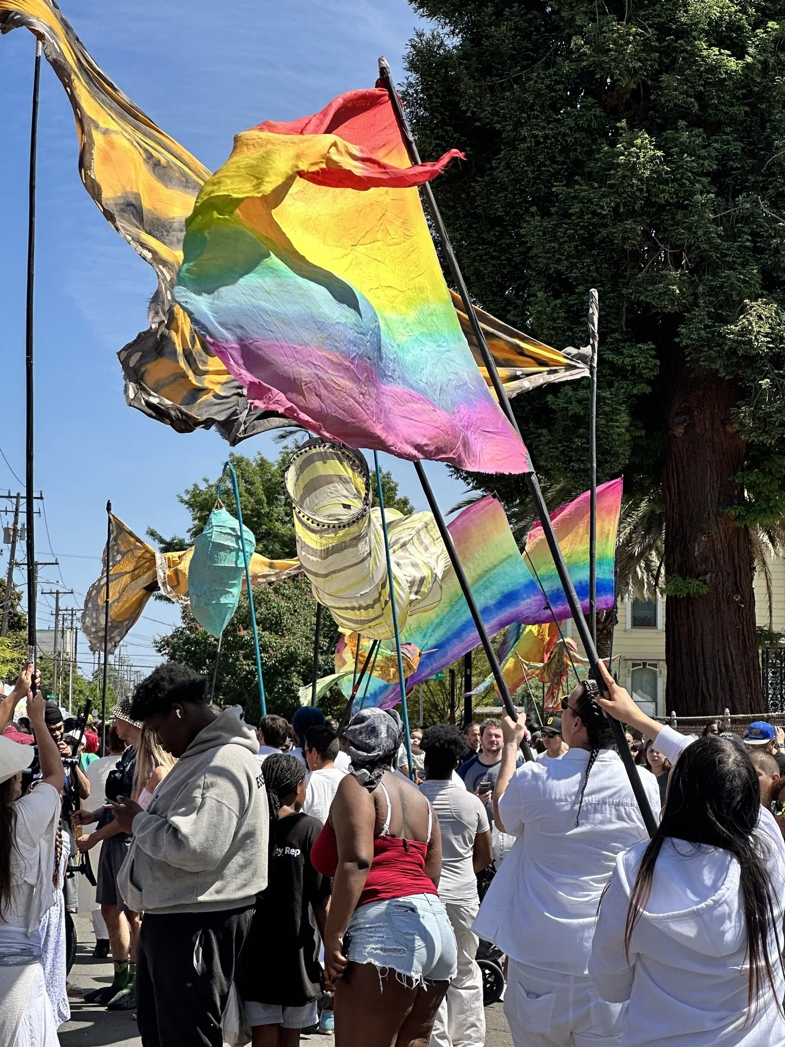 Colorful rainbow flags being waved at a pride event with a crowd of diverse people under a clear blue sky.