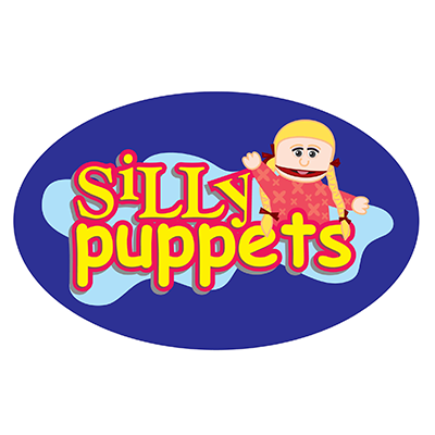 Silly Puppets logo featuring a smiling doll with blonde hair and a red outfit, set against a blue cloud shape with a dark blue oval background.