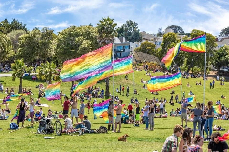 People at a park with colorful rainbow flags during a sunny day, some sitting on the grass, some walking or talking, with trees and houses in the background.