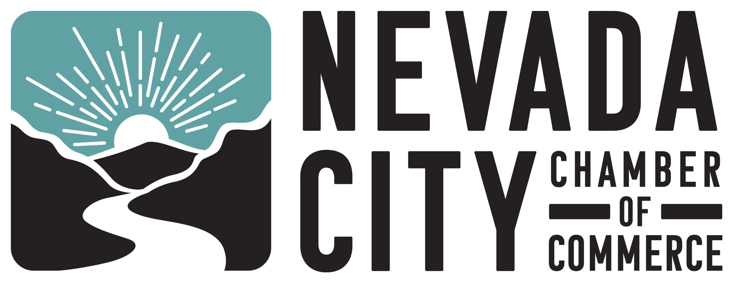 Logo of Nevada City Chamber of Commerce featuring a stylized sunrise over mountains and a river.