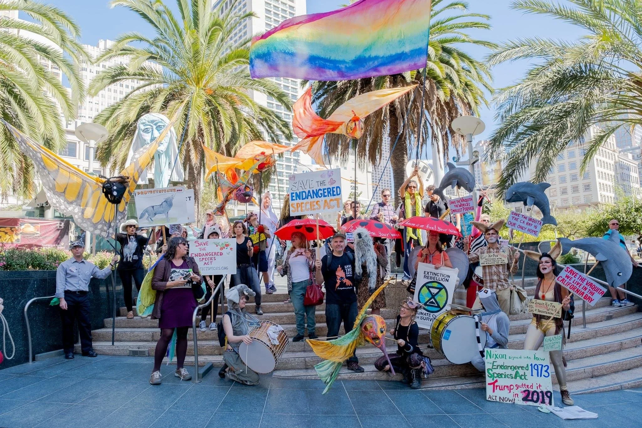 A group of protesters on outdoor stairs holding signs and plush animal puppets, advocating for environmental and animal conservation. The protesters have umbrellas and are dressed in costumes, with city buildings and palm trees in the background.